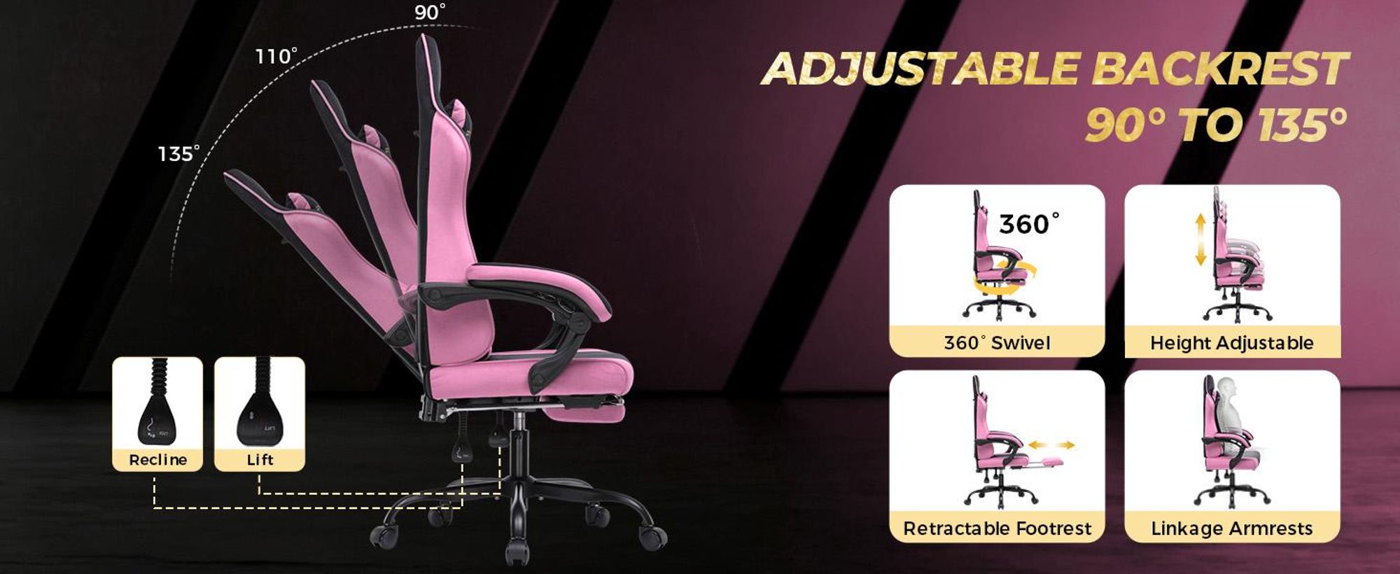 Herná stolička GTPLAYER, ergonomická, s látkovým povrchom, pružinovým sedákom, nastaviteľnými podrúčkami a opierkou nôh, nosnosť 150 kg