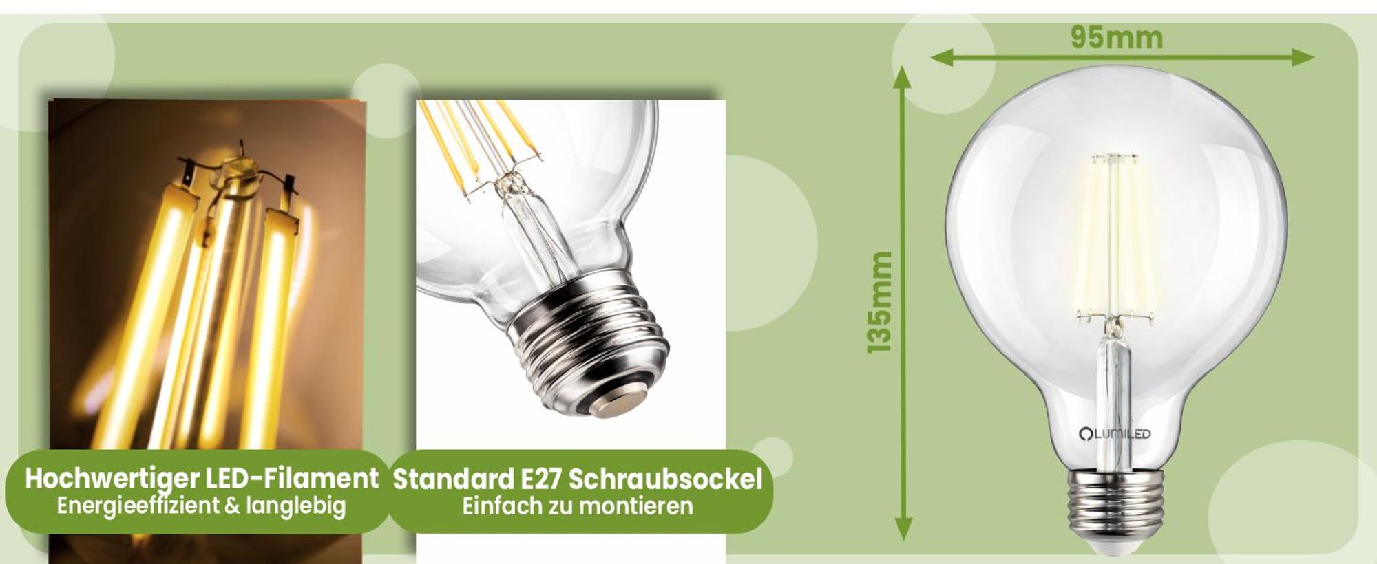 LUMILED 3x E27 LED Lampen G95 Globe matt 8W Ersetzt 75W Glühlampe 880lm Leuchtmittel 4000K Neutralweiß Glühbirne Retro Filament Glas Große Kugel Deko 3 Stück Birnen Haus Café Bar 95mm
