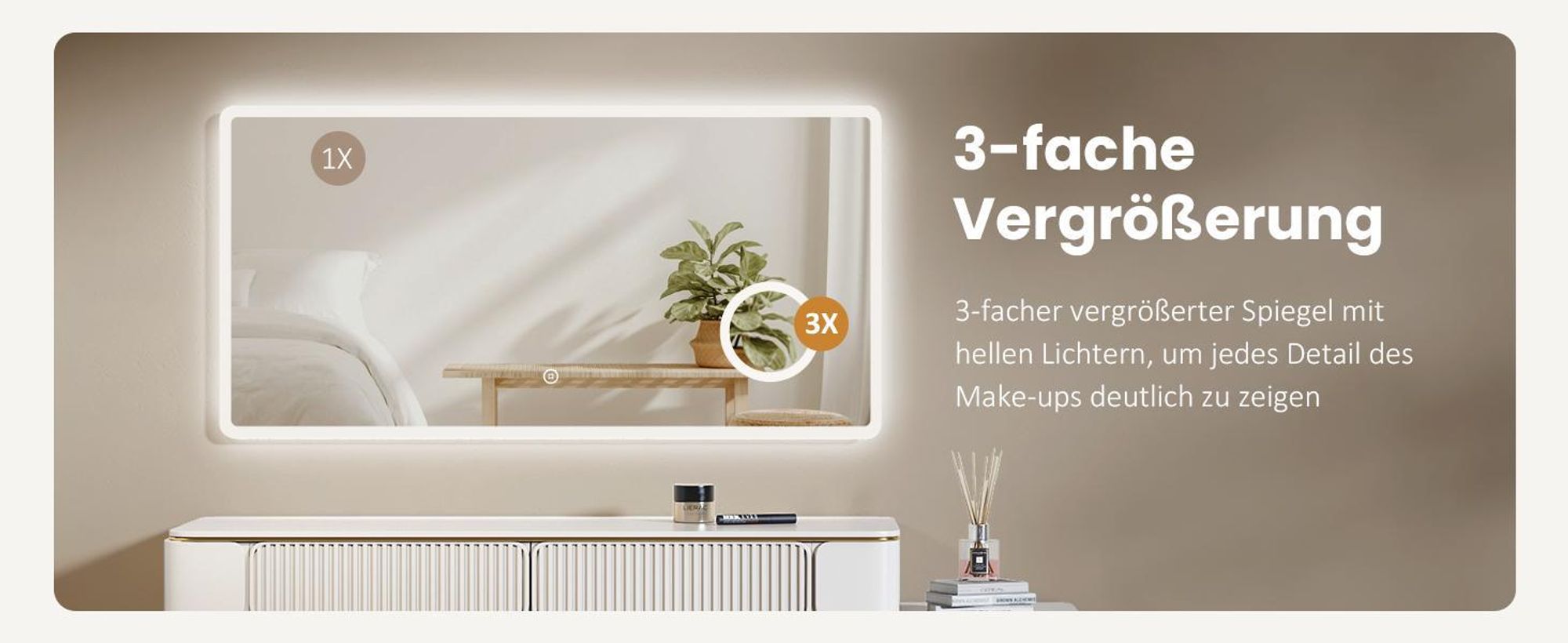 EMKE LED Badspiegel mit 3-Fach Vergrößerung Touchscalter Kaltweiß Licht 120X60cm