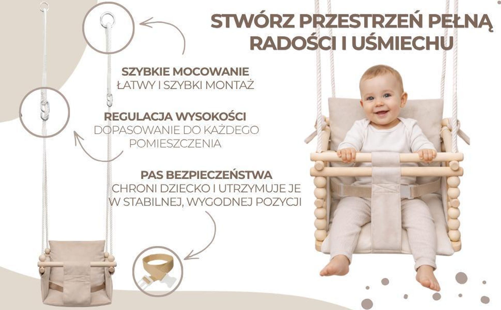 MAMOI Huśtawka dziecięca z pasem bezpieczeństwa, regulowana wysokość 150-190 cm, huśtawka do domu, stabilna konstrukcja, welurowe siedzisko