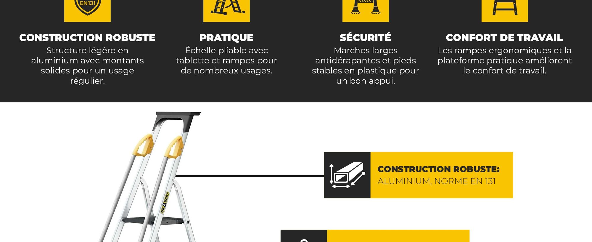Drabest | échelle - 7 marches, charge max. 150kg - échelle avec mains courantes, échelle en aluminium, pieds antidérapants, escabeau, échelle pliante