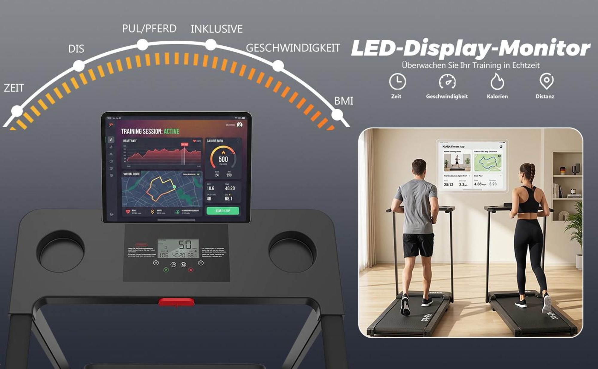 Kompaktes 3-in-1 Klapp-Laufband Für Zuhause, 2,5 PS Motor, 1–12 km/h, LED-Display, 12 Programme, Bluetooth-Lautsprecher, Walking Pad Für Zuhause