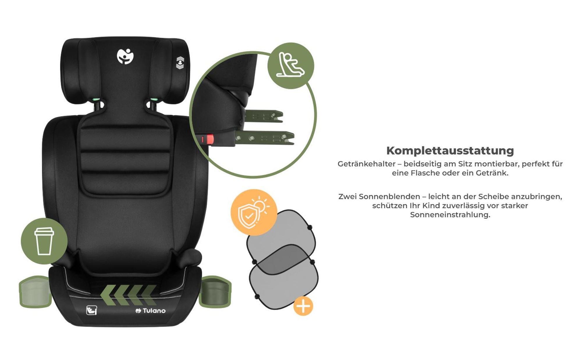 Tulano Joy 25 Kindersitz i-Size ECE R129, 100–150 cm, 3,5–12 Jahre, höhenverstellbar, Getränkehalter, Sonnenblenden