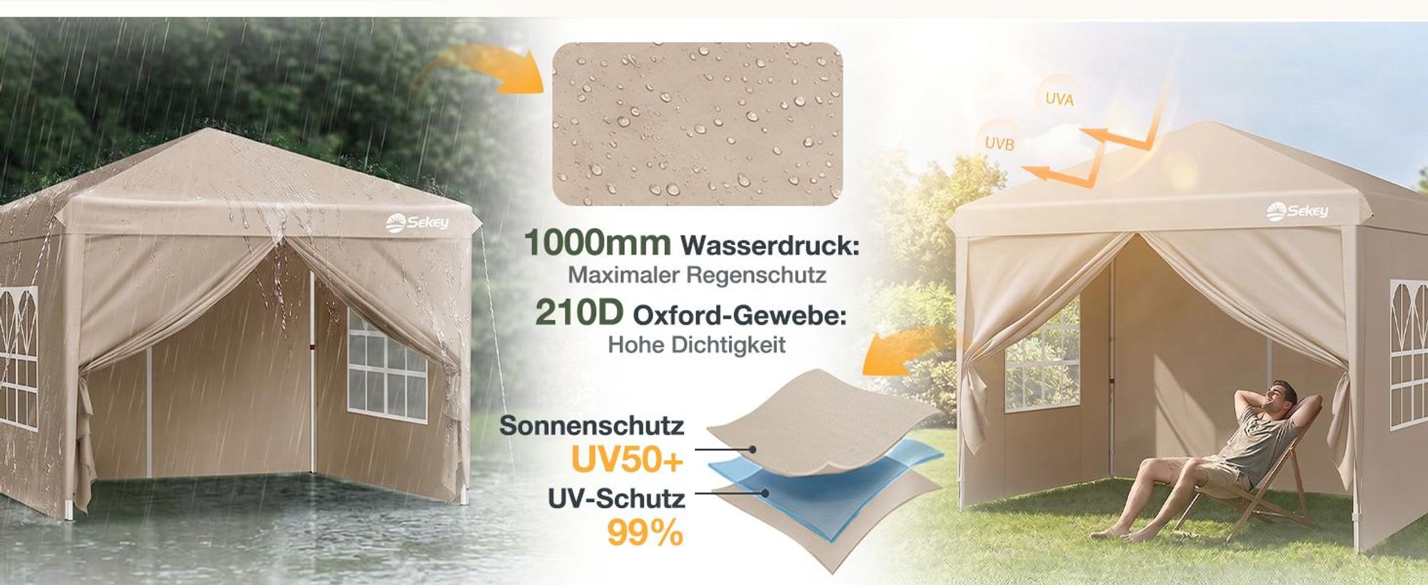 Sekey Faltpavillon 2x2 m wasserdicht UV50+ Gartenpavillon Partyzelt mit 4 Seitenteilen höhenverstellbar, Taupe