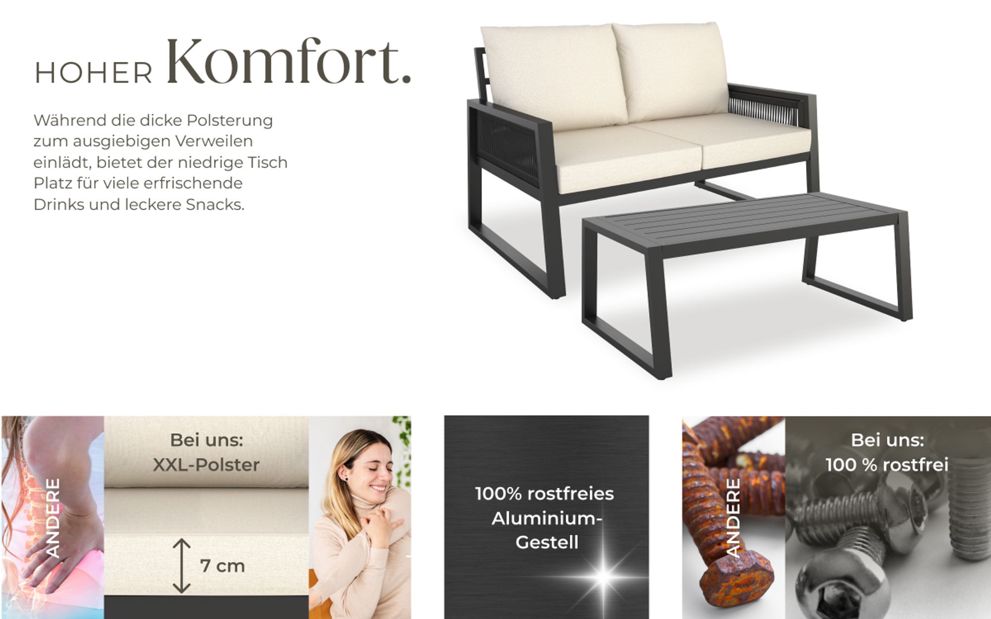 tectake Aluminium Gartenlounge-Set Captive Rope-Design 2-teilig Sofa Tisch wasserabweisend 126x76x85cm Anthrazit wetterfest Outdoor