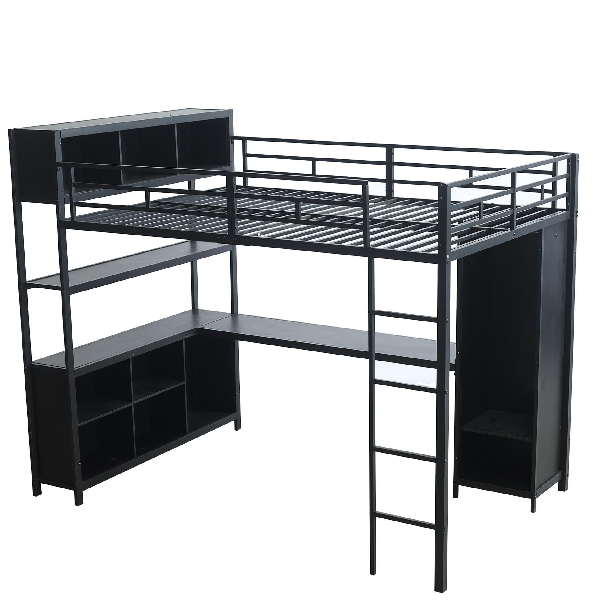Flieks Etagenbett 140x200cm mit Schreibtisch und Regal, Hochbett mit Kleiderschrank, Kinderbett Jugendbett Metallbett mit Lattenrost, Schwarz