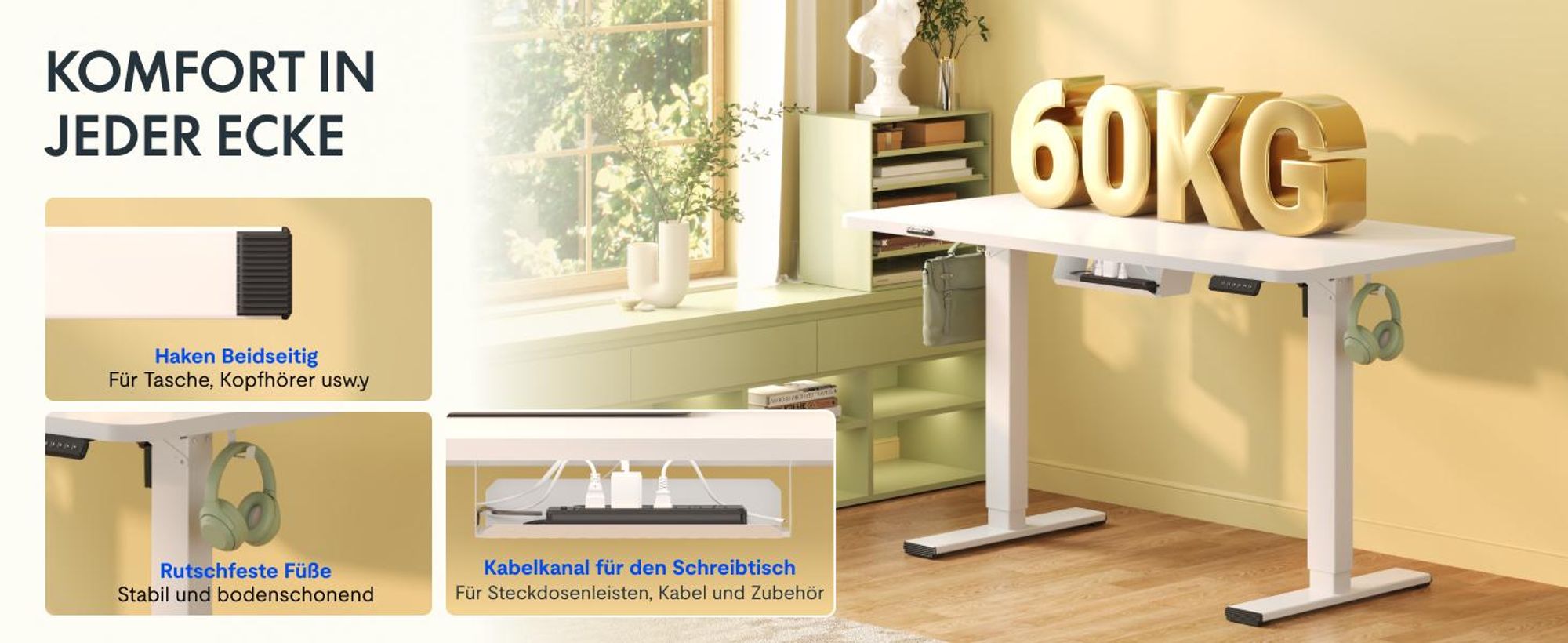 FLEXISPOT QE1 Höhenverstellbarer Schreibtisch 120x60cm EINTEILIGE TISCHPLATTE, 4 Memory-Funktion, Antikollisionsschutz, Haken & Kabelmanagement (Weiß)