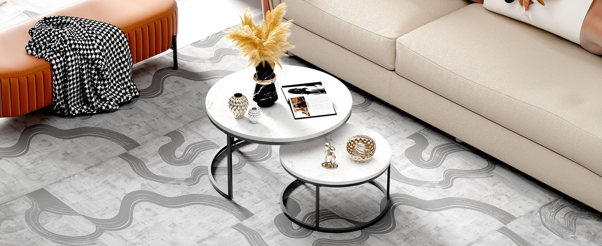 okwish Couchtisch 2er-Set, MDF Satztisch Beistelltisch für Schlafzimmer Balkon, Satztische fürs Wohnzimmer, Wohnzimmertisch, Schwarz+Weiß