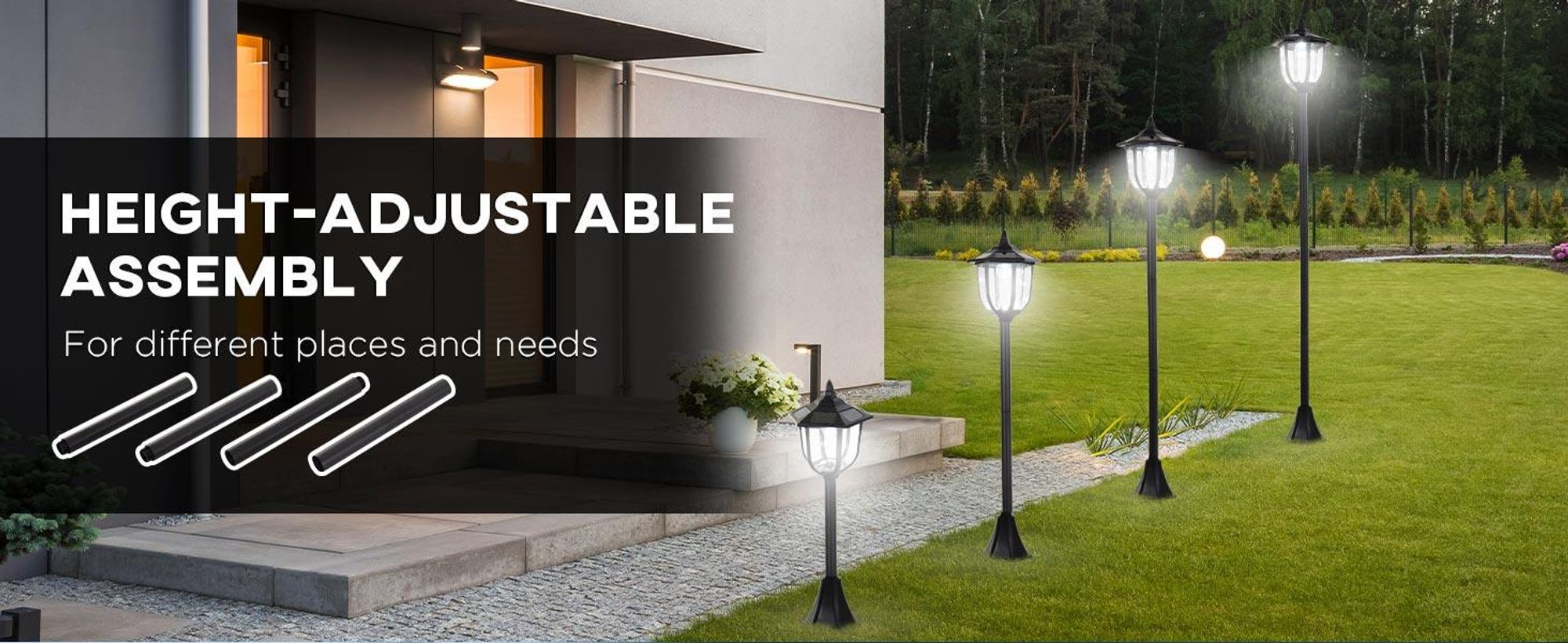 Lampa ogrodowa LED Outsunny Solar, plastikowa, do użytku wewnątrz i na zewnątrz, wysokość 177 cm, lampa ogrodowa, 30/60 lumenów, do dekoracji balkonu w ogrodzie, czarna