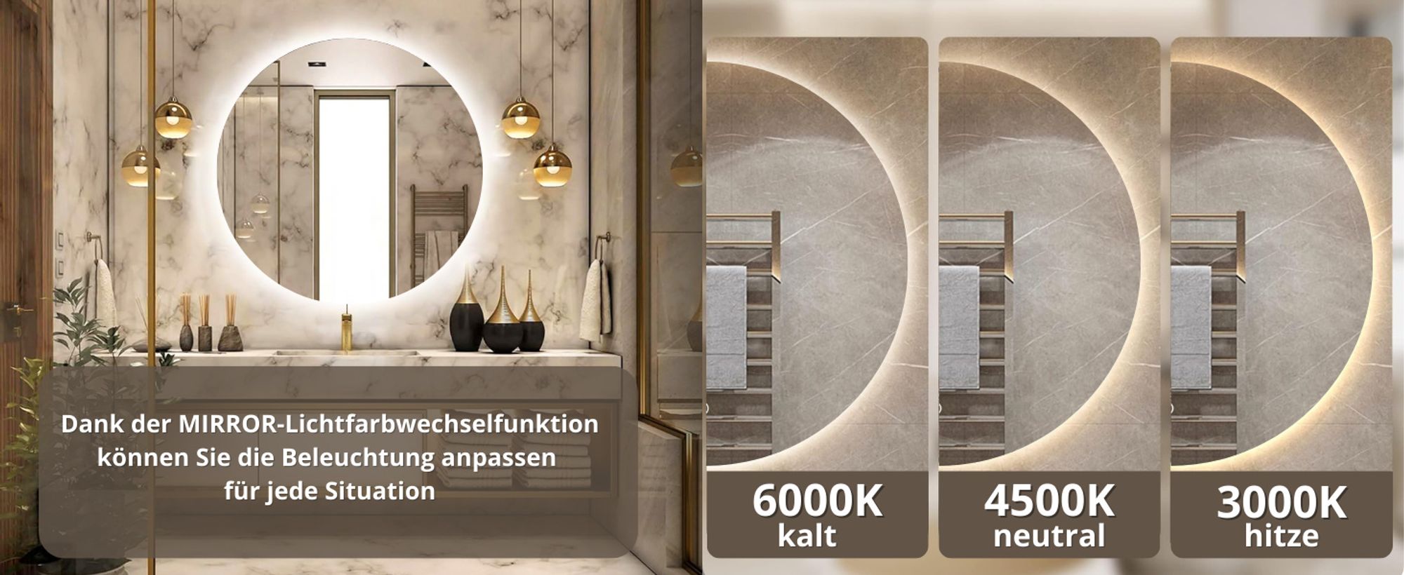 LED Badezimmerspiegel Rund 80 cm – Badspiegel mit LED Beleuchtung, Touch-Schalter, Anti-Beschlag, 3 Lichtfarben, Dimmbar, Modern – SAVE HOME