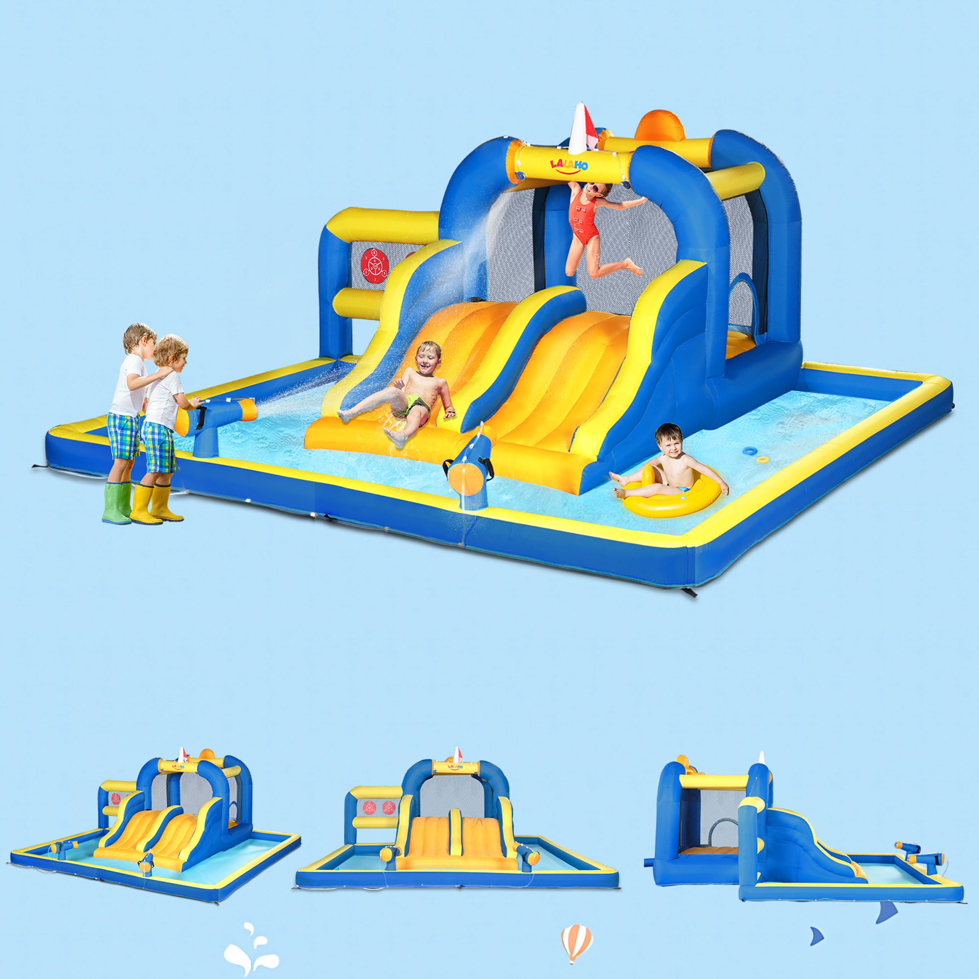 FCH Aufblasbare Hüpfburg mit Gebläse,Wasserrutsche aufblasbar Spielpool Wasserspielcenter Wasserpark, 470 x 472 x 225 cm