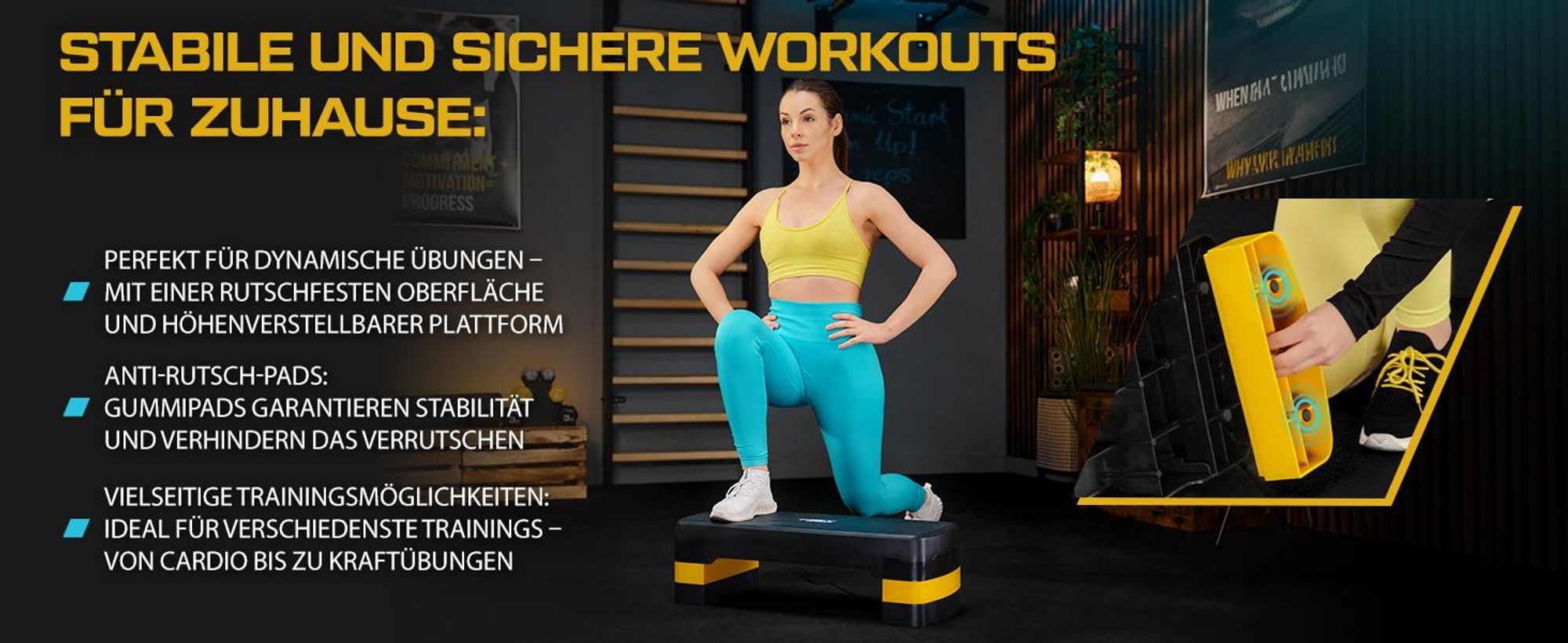 TREX SPORT Steppbrett höhenverstellbar TX-030AS | Aerobic Stepper 3 Stufen, rutschfest, Fitness Stepbench 68×28×10/15/20cm, bis 350kg belastbar | Gelb