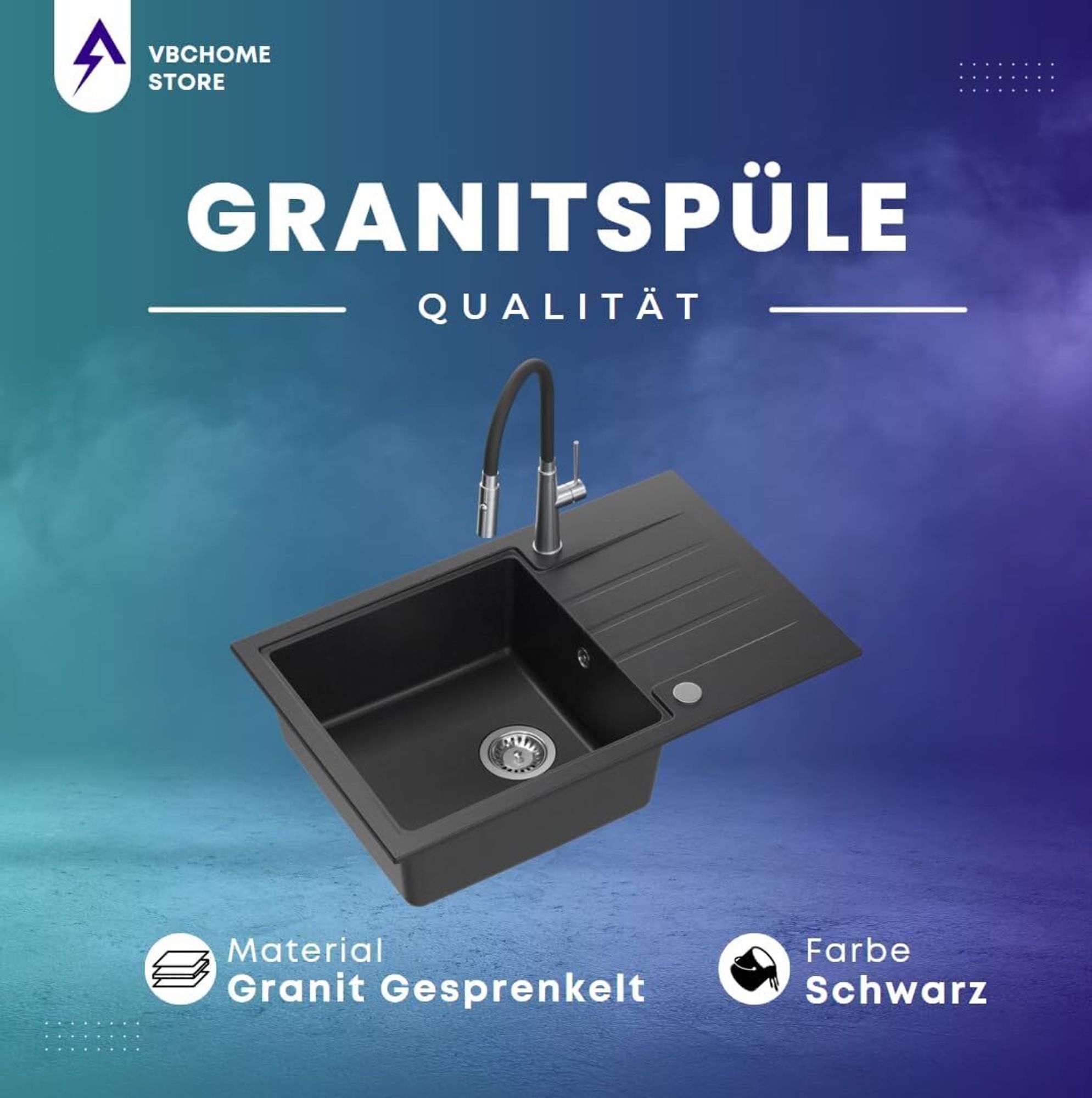 VBChome Spülbecken Granit Schwarz 78 x 50 cm Schwarze flexible Armatur Granitspülbecken Einzelbecken Einbauspüle Gesprenkelt Siphon