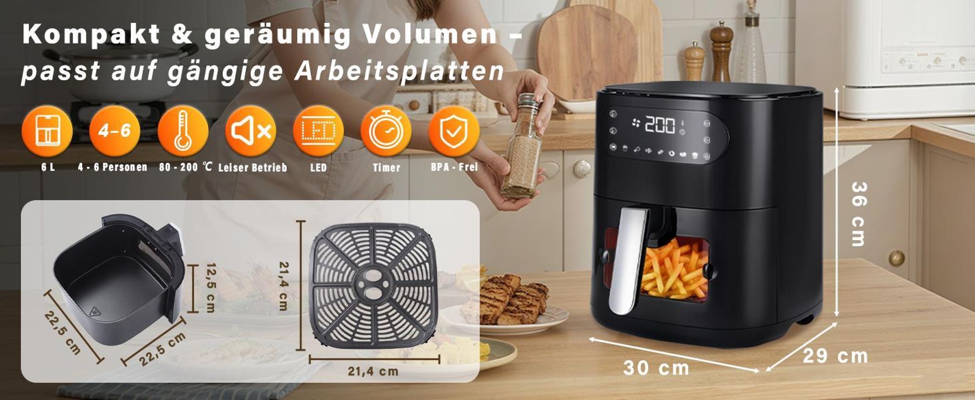 ZMH Heißluftfritteuse xxl 6L Airfryer Schwarz Einzelkorb Sichtfenster 7 Garprogramme 11 Funktionen Timer Touchscreen 10 Backpapier für Familienküche