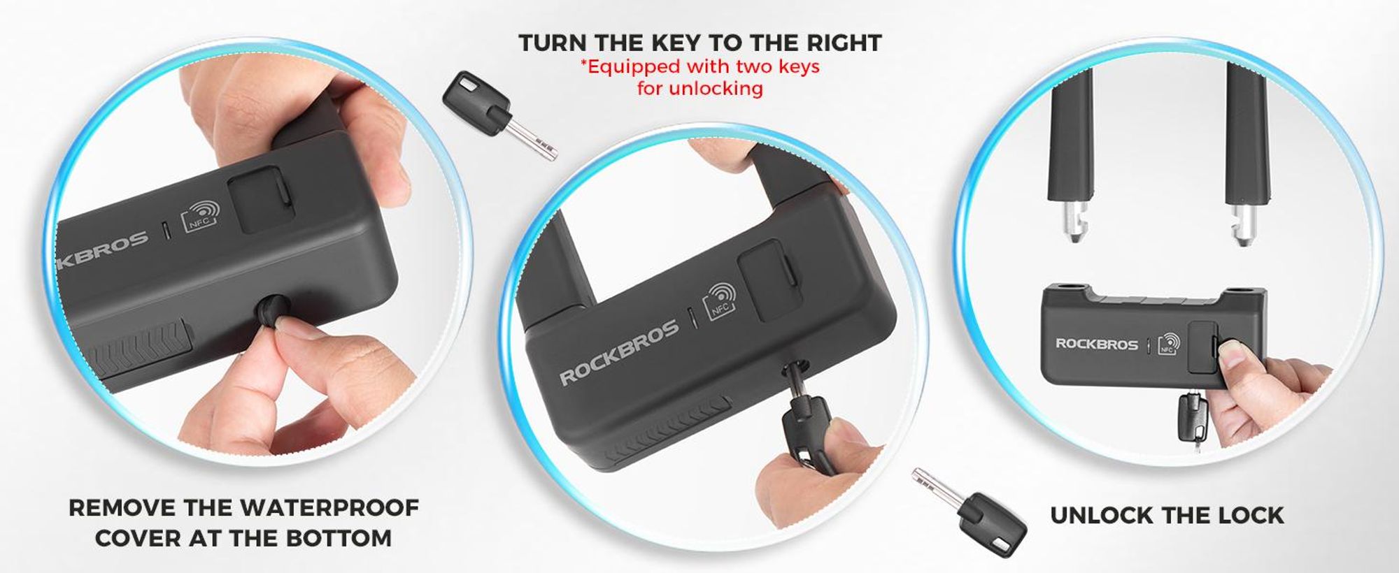 ROCKBROS Fahrradschloss Bügelschloss NFC U-Lock mit USB-C Motorradschloss Diebstahlschutz für E-Bike, Mountainbike, Rennrad