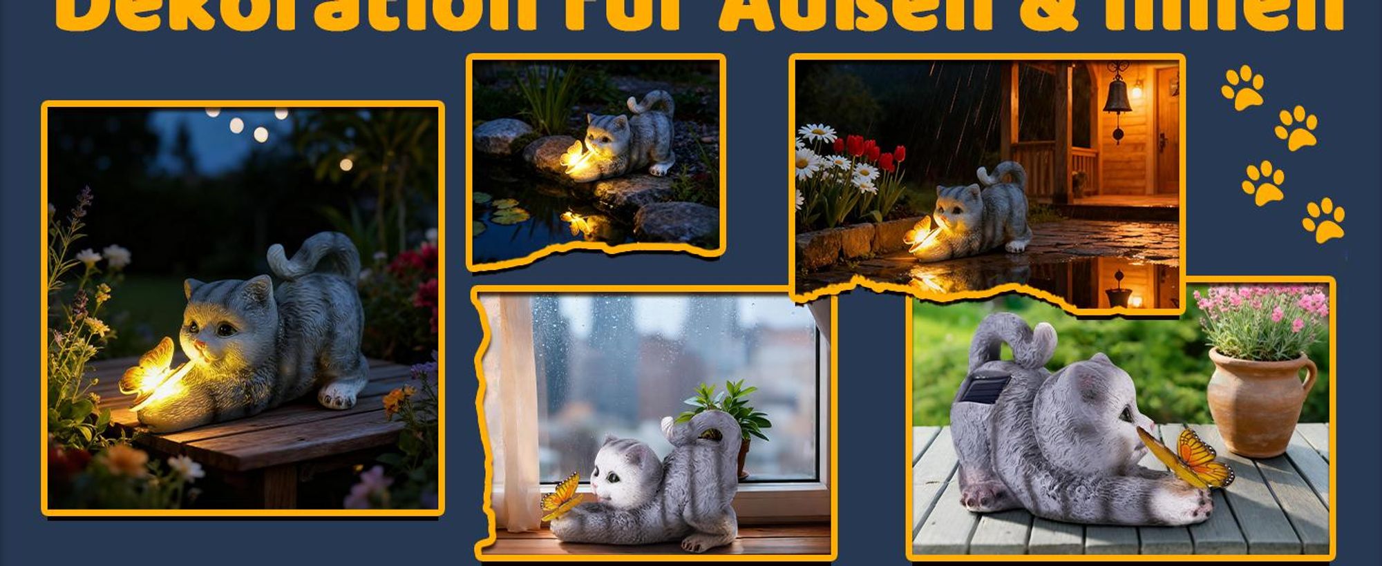 Solarlampe, LED Solarleuchte, Gartenlampe, Katze Gartendeko, Gartendekoration, Wasserdicht, Warmweiß, für Außen, Hinterhöfe, Gärten, Rasen