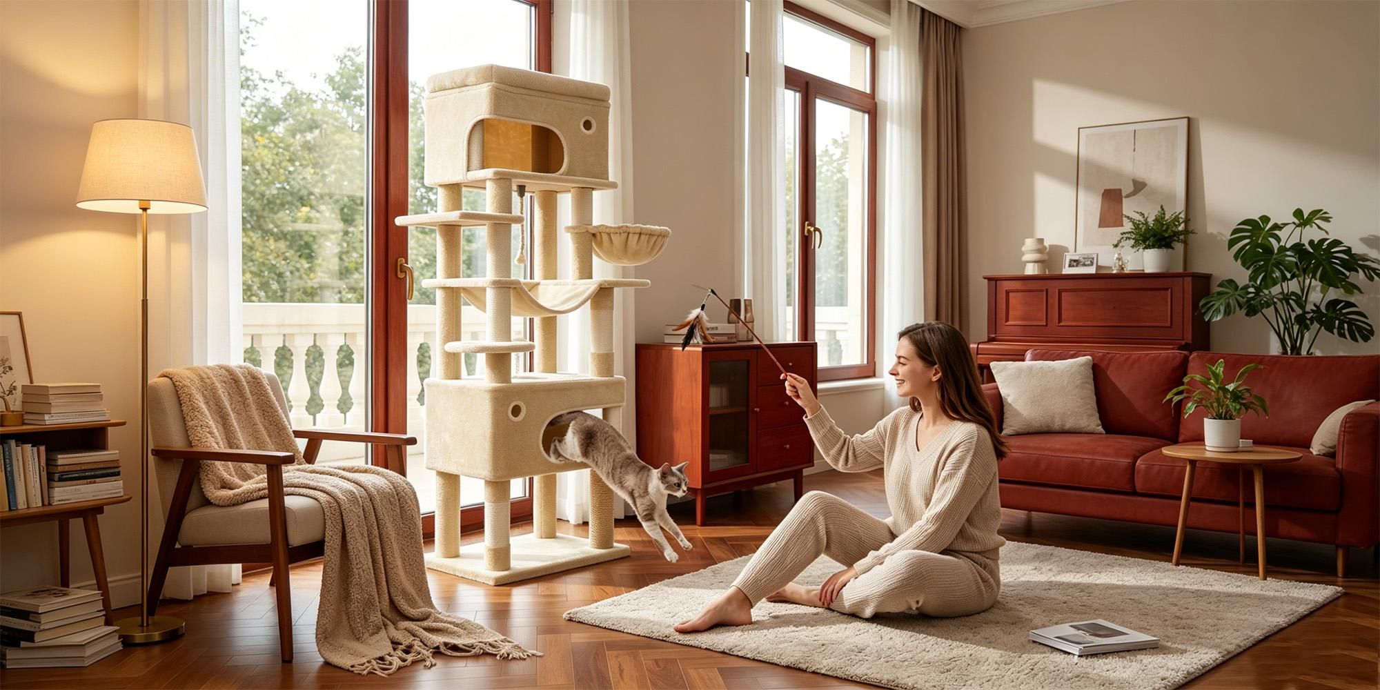 Fobyfurny Kratzbaum, 178 cm Katzenbaum mit Großer Plattform, Beige | mit 2 Höhlen, 7 Kratzsäulen, Pompons, Liegemulden, Hängematte