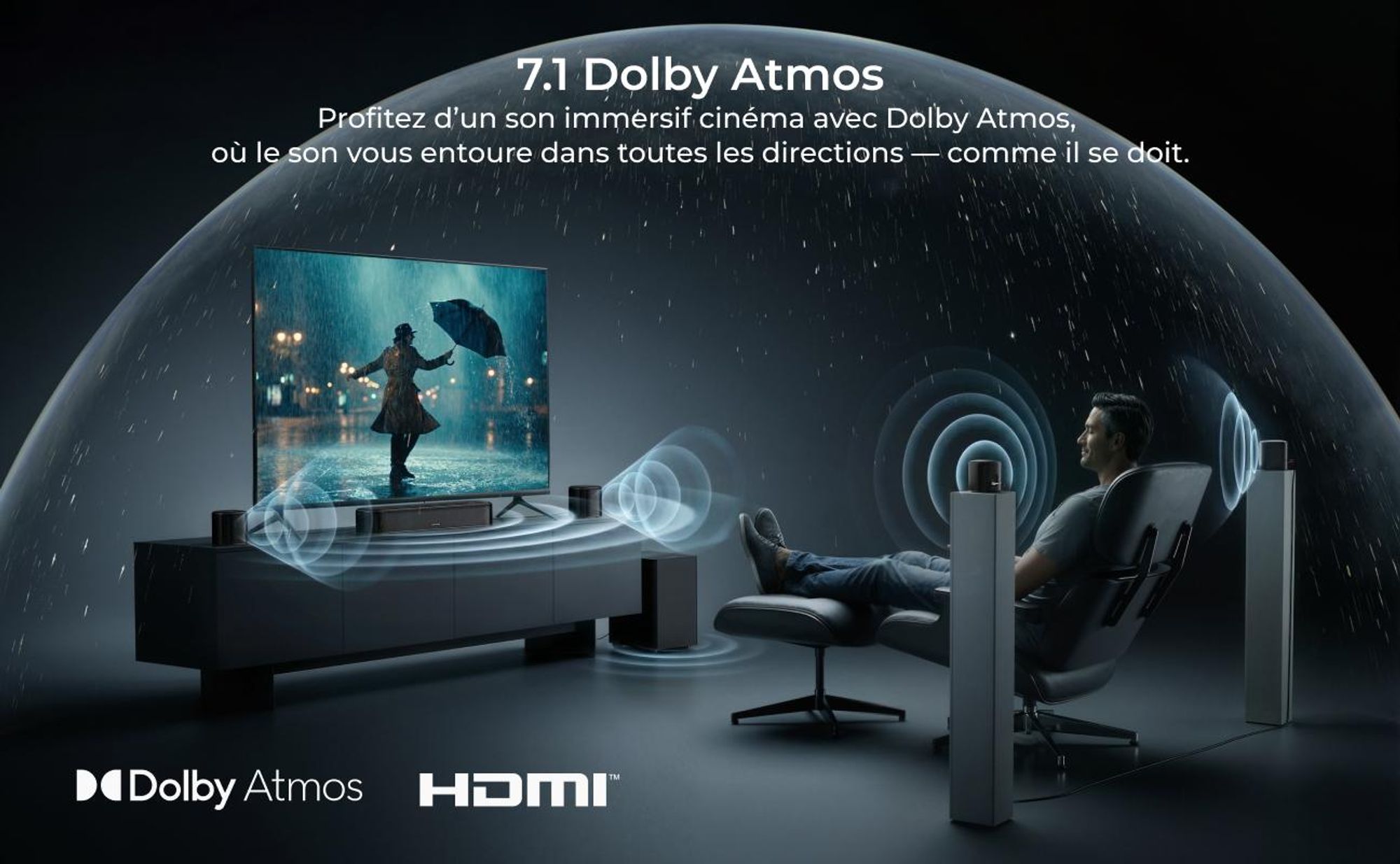 ULTIMEA Aura S5T Barre de son 7.1 Dolby Atmos avec caisson de basses, système audio surround, contrôle via application, 4 enceintes surround, 420 W
