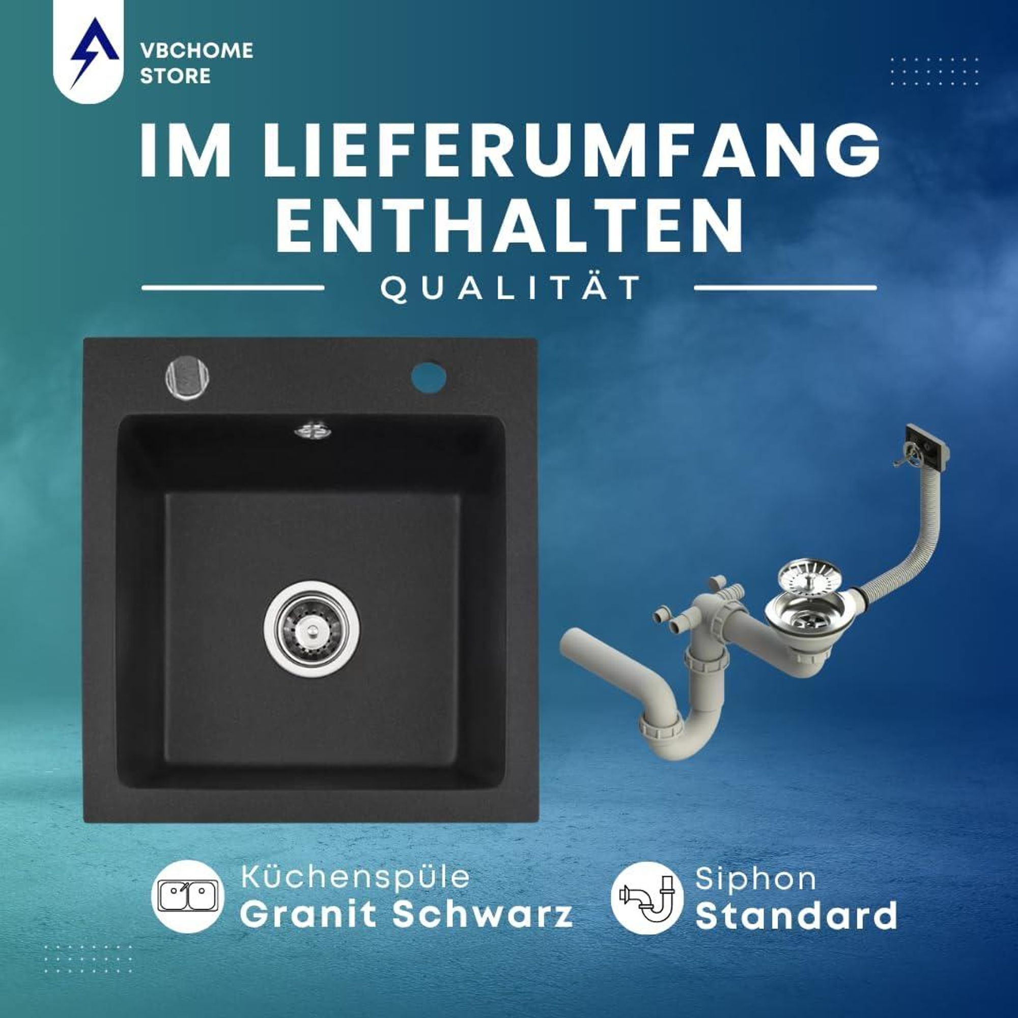 VBChome Granitspüle 50 x 48 cm Schwarz Einzelbecken Einbauspüle Gesprenkelt Pflegeleichtes Spülbecken mit Siphon Ideal für kleine Küchen