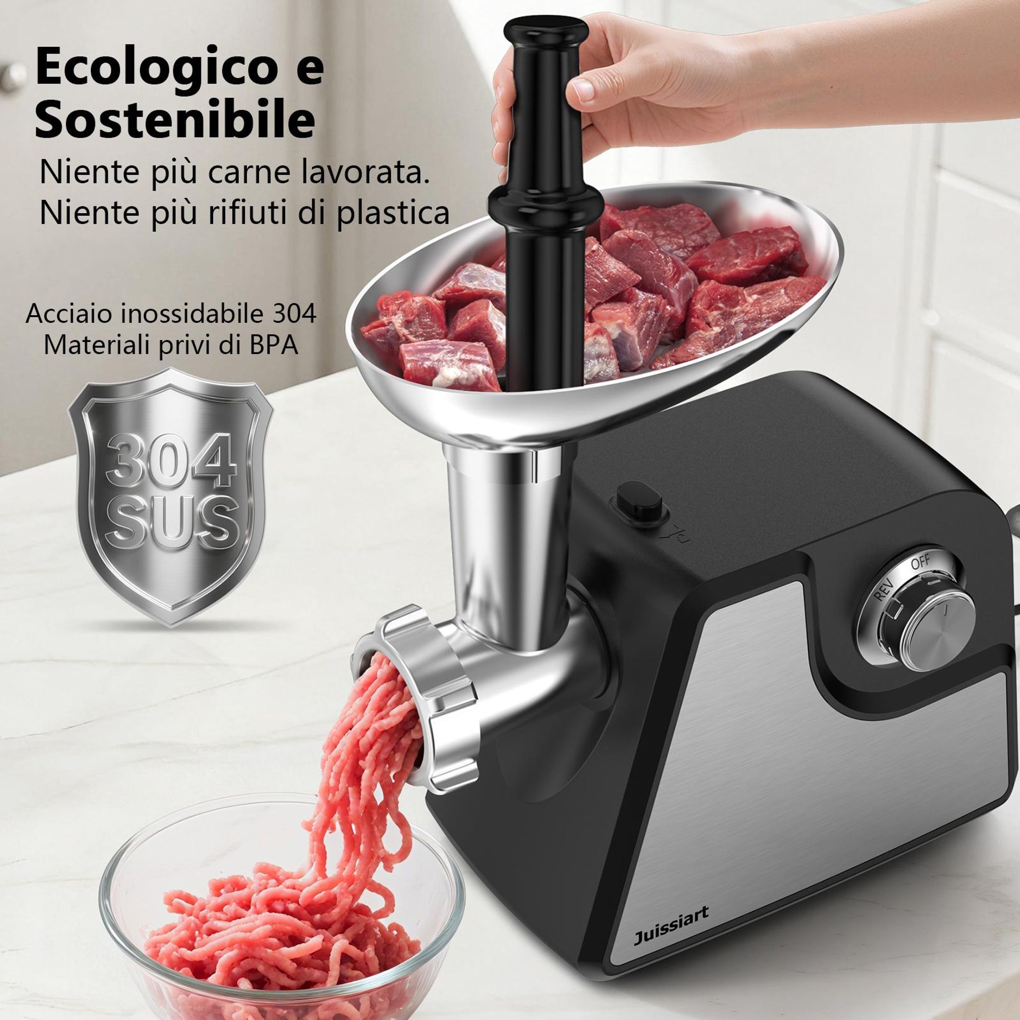 Juissiart MG4150R Tritacarne - Potenza 300W resa di carne 1.2KG/Min materiale della lama acciaio 420 per metallurgia delle polveri - Nero