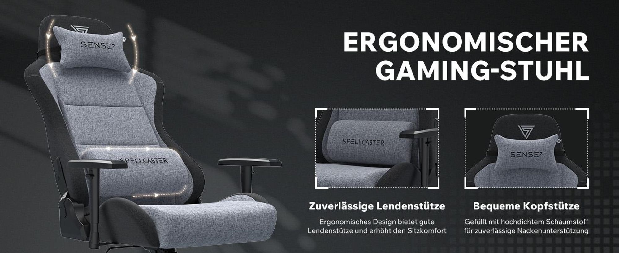 SENSE7 Gamingstuhl Spellcaster FUKU XL Stoff Grau Schwarz - Ergonomischer Bürostuhl Schreibtischstuhl bis 160 kg Wippfunktion Rollen für Hartboden