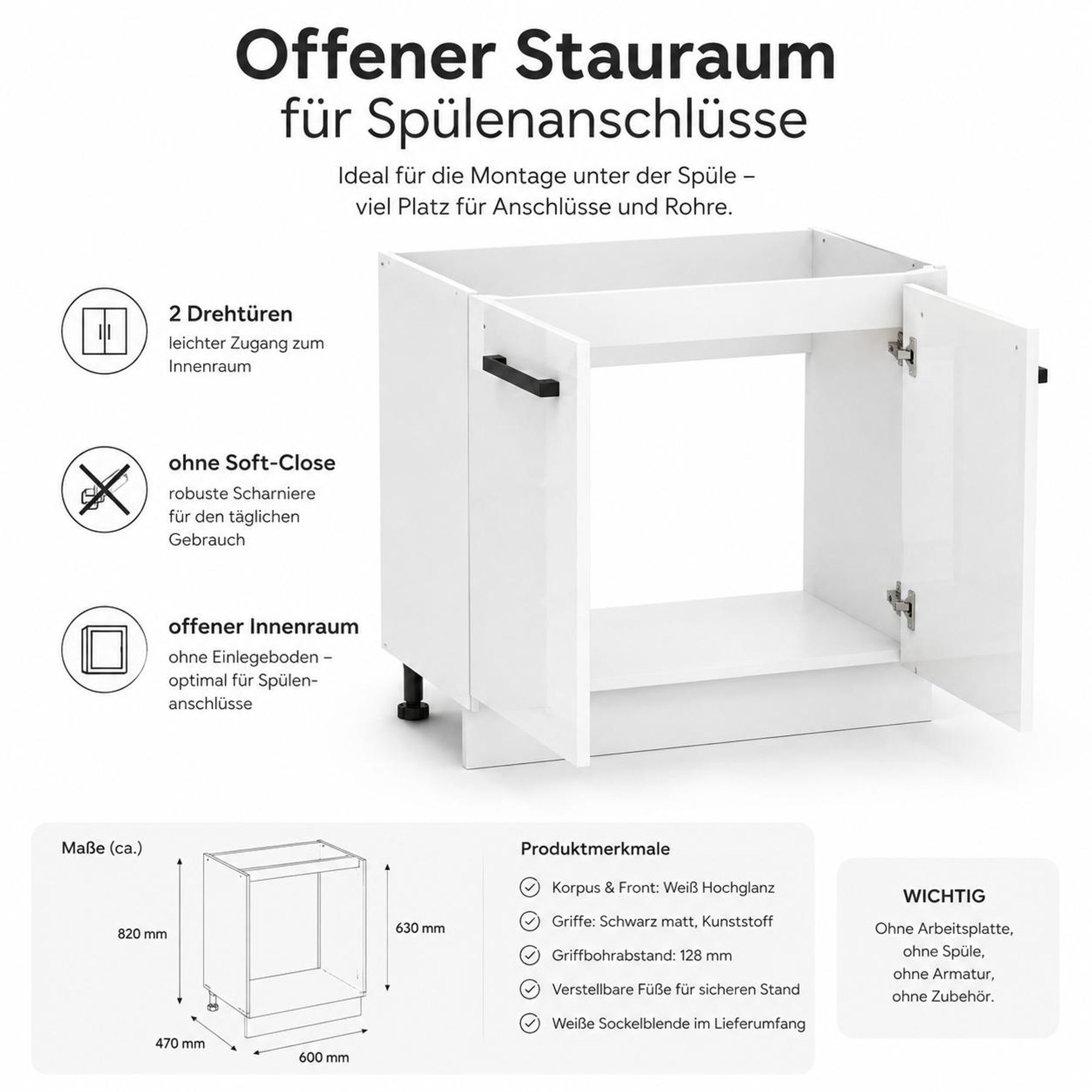 Spülenschrank 60 cm Weiß Hochglanz: Produktmaße 60x82x47 cm & Ausstattung.