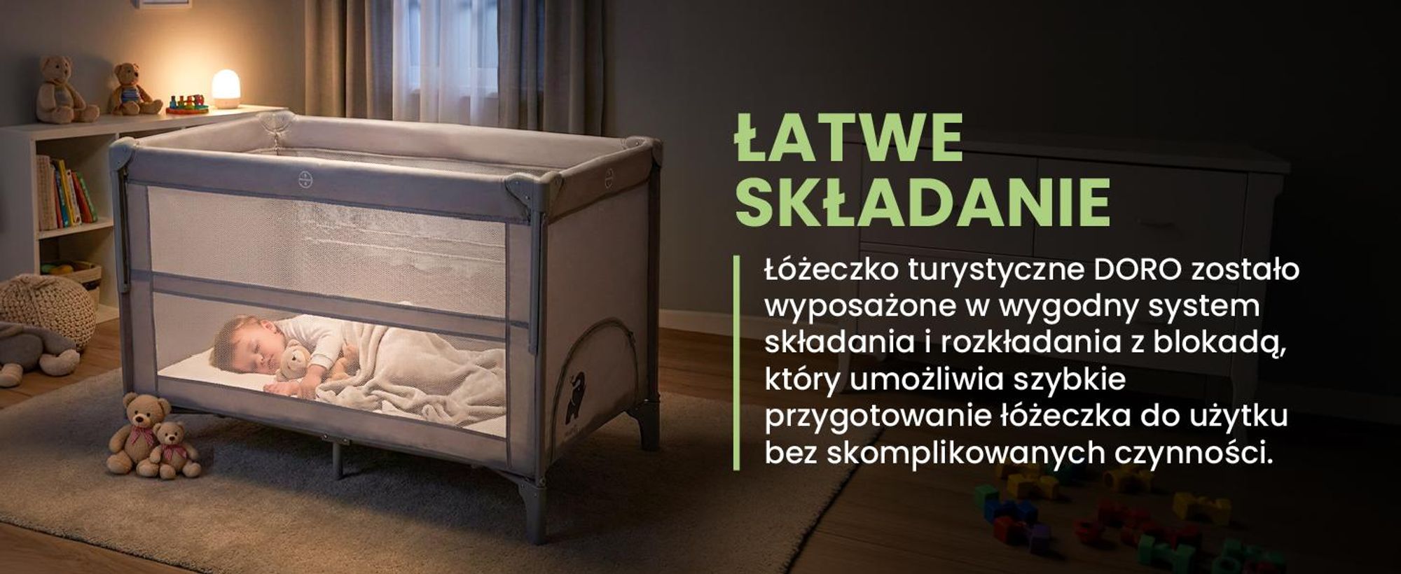 Łóżeczko turystyczne o wymiarach 60*120 cm z dwoma poziomami wysokości