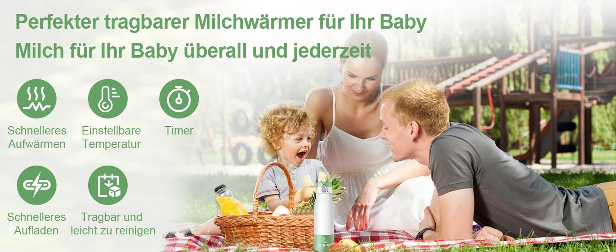 Tragbarer Flaschenwärmer Baby unterwegs für Muttermilch und Wasser, 350ml mit Reinigungsbürste für Reisen, Schnelles Aufheizen, Edelstahl 316, 9000mAh