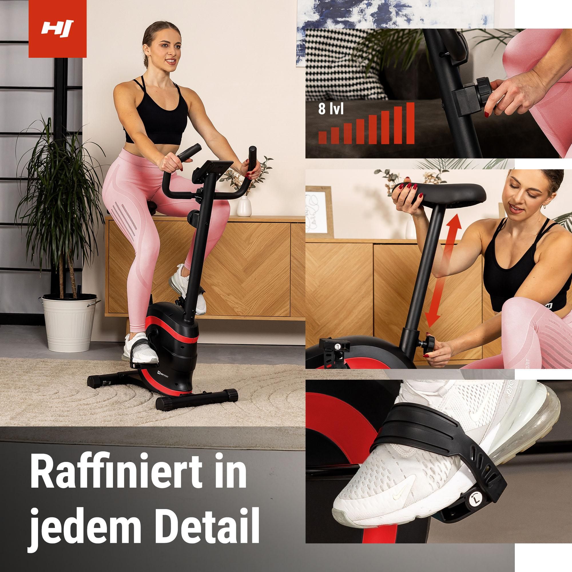 HOP SPORT® HS-015H Heimtrainer Fahrrad für Zuhause mit magnetischem Widerstandssystem, Pulsmessung, 8 Stufen, Hometrainer, Fitnessbike bis 120 kg, Rot