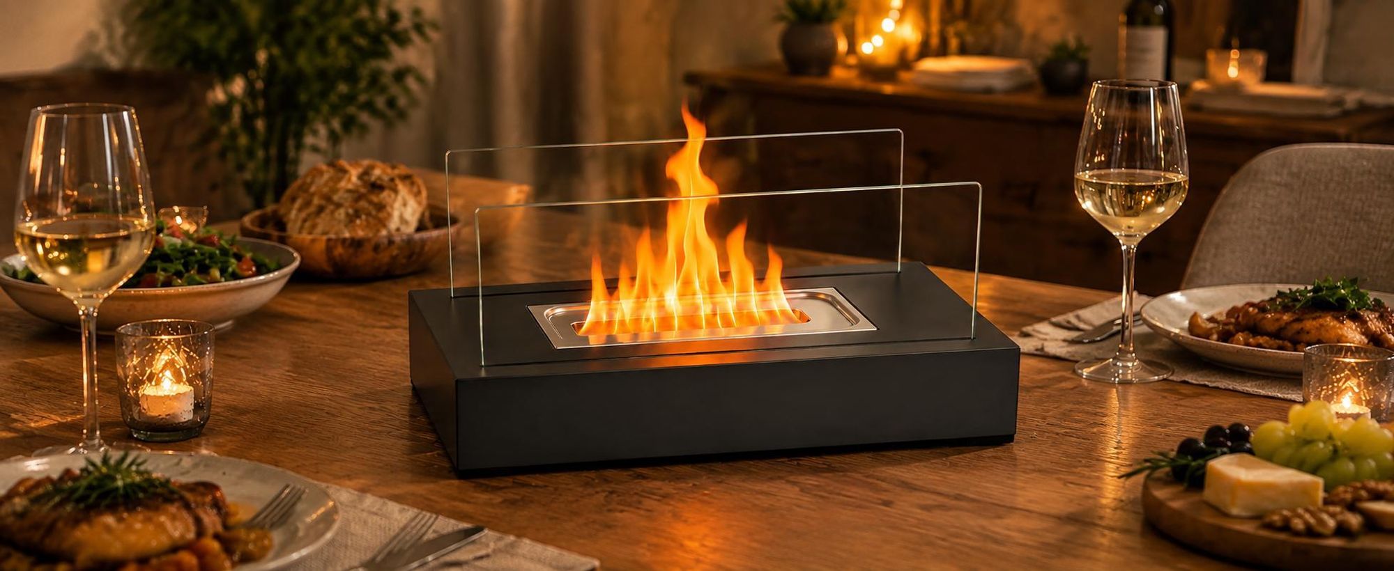 ZMH Rechteckiger Bioethanol Tischkamin Schwarz 35cm 250ml Edelstahl Glaskamin Indoor Outdoor Tisch Dekofeuer Glasfeuer Kaminfeuer