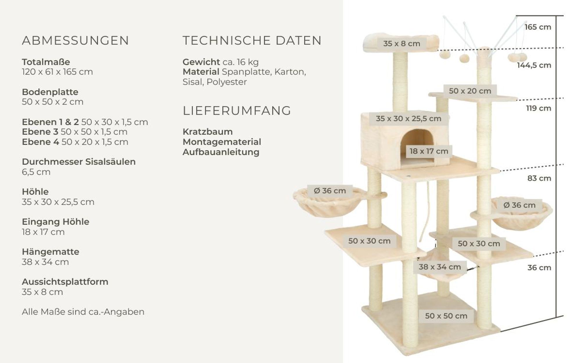 tectake® Kratzbaum Lilou 165 cm inklusive 4 Spielbällen, Kordel und Kippschutz