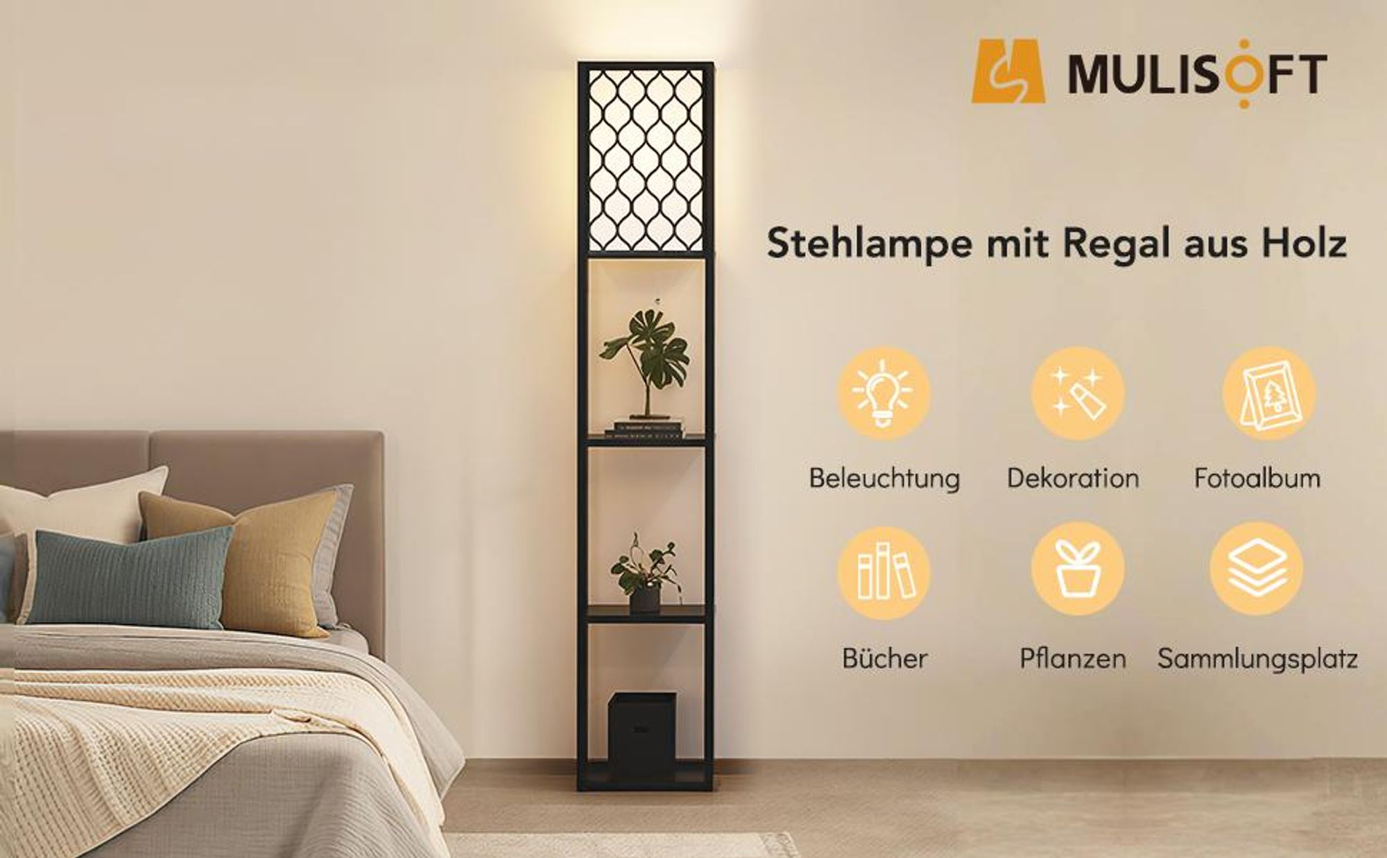 7MAGIC Stehlampe Standleuchte mit 9W LED Glühbirne, E27 bis 150W, 3 Ebenen Holzregal, Moderne standlampe mit Zugschalter und Stauraum, Stehleuchte für Wohnzimmer, Schlafzimmer, Büro, Schwarz 160cm