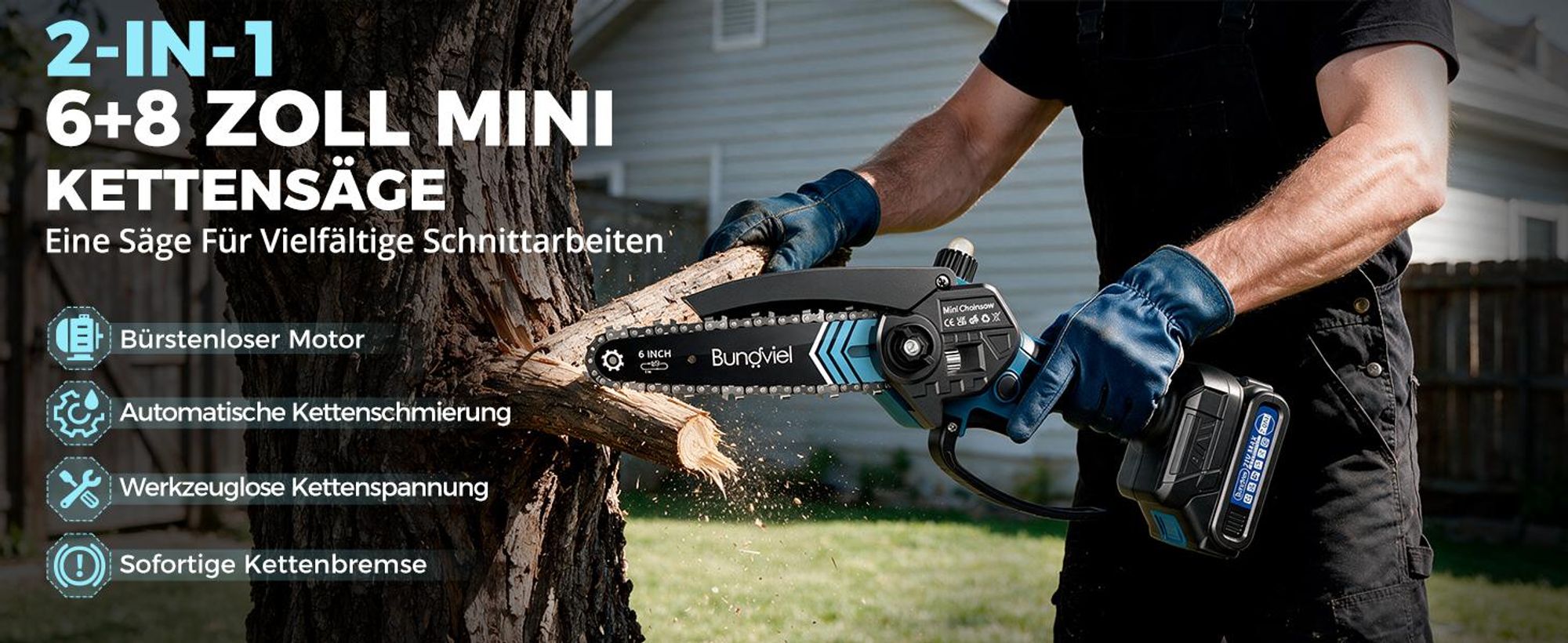 6+8 Zoll Akku-Kettensäge 2x 21V 2000mAh, mini kettensäge mit akku & bürstenlosem Motor,inkl. 2 Akkus, Ladegerät &  Ersatzketten