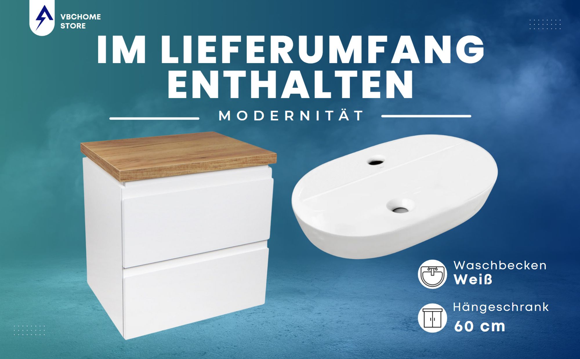 VBChome Badmöbel 60 cm Weiß Aufsatzwaschbecken mit Hahnloch 60x40 cm Aufsatzwaschtisch mit Waschbeckenunterschrank 2 Schubladen Badezimmerschrank