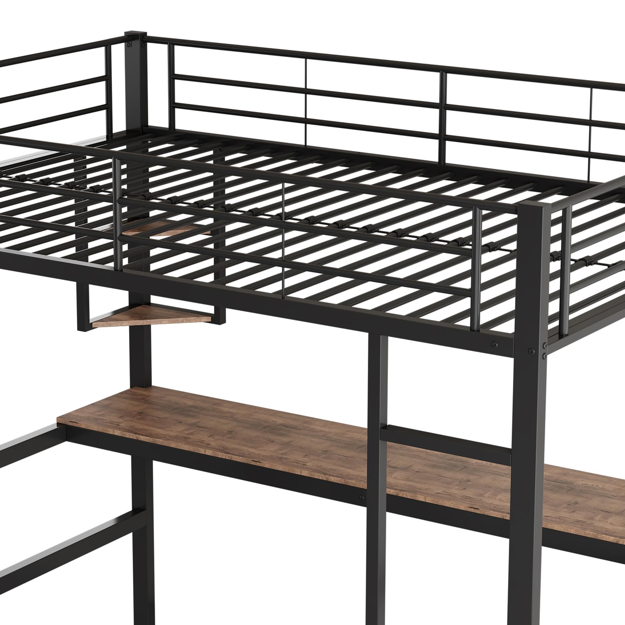 Merax Etagenbett Hochbett 90x200 cm, mit Schreibtisch, 5 kleinen Regalen, Metallbett Kinderbett, Jugendbett Stockbett, Schwarz