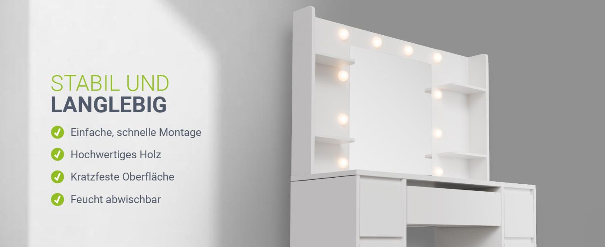 Juskys Schminktisch Malia und Hocker Tonia mit LED, 7 Schubladen & großem Spiegel – Weiß