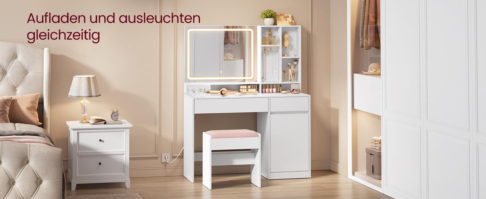 VASAGLE Schminktisch mit LED-Beleuchtung, Steckdosenleiste, Frisiertisch mit Schubladen, verstellbaren Ablagen, 110 cm breit, Schmuckaufbewahrung