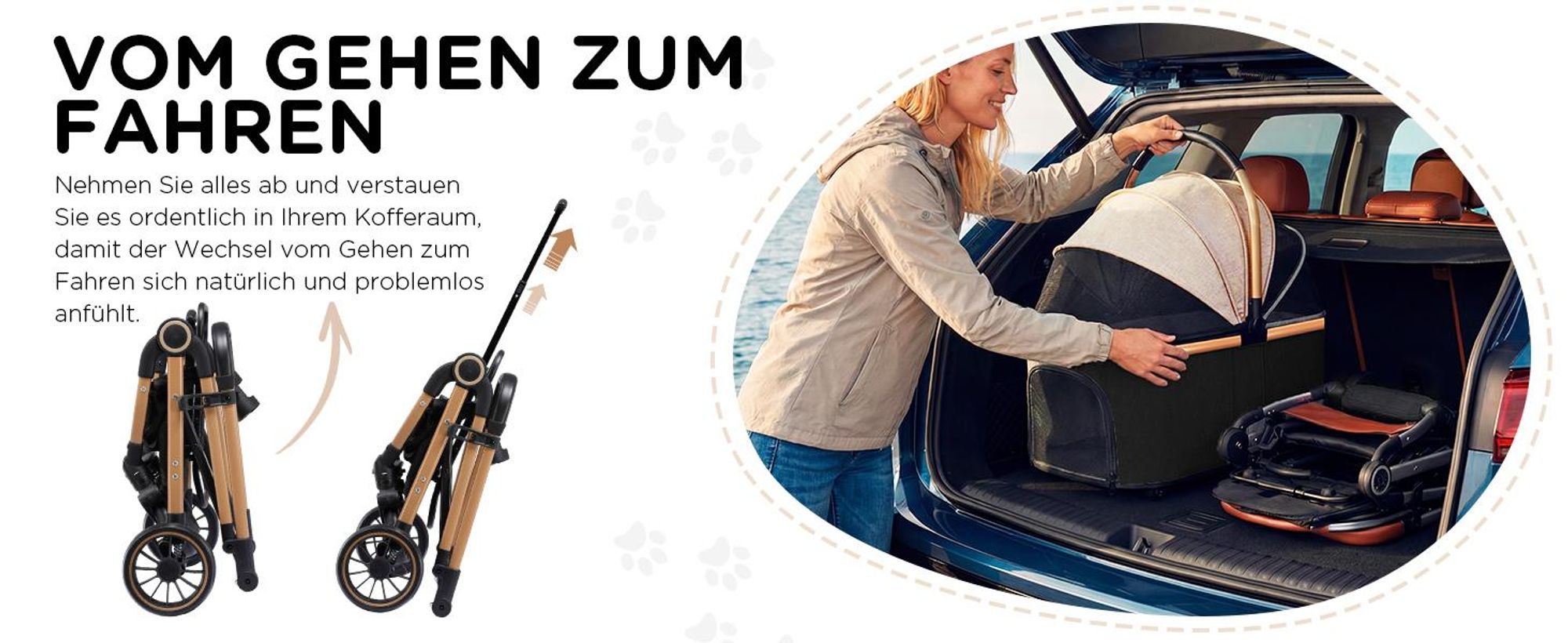 COMHOMA Hundebuggy klappbar bis 25KG, 360°schwenkbares EVA-Vorderrad und Hinterradbremsen, 4-in-1 Hundewagen, Faltbar Katzenwagen Gold