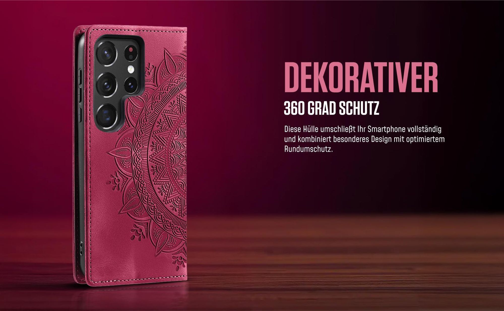 Mandala Flipcase in Magenta für Samsung Galaxy S22 Ultra mit 360 Grad Schutz