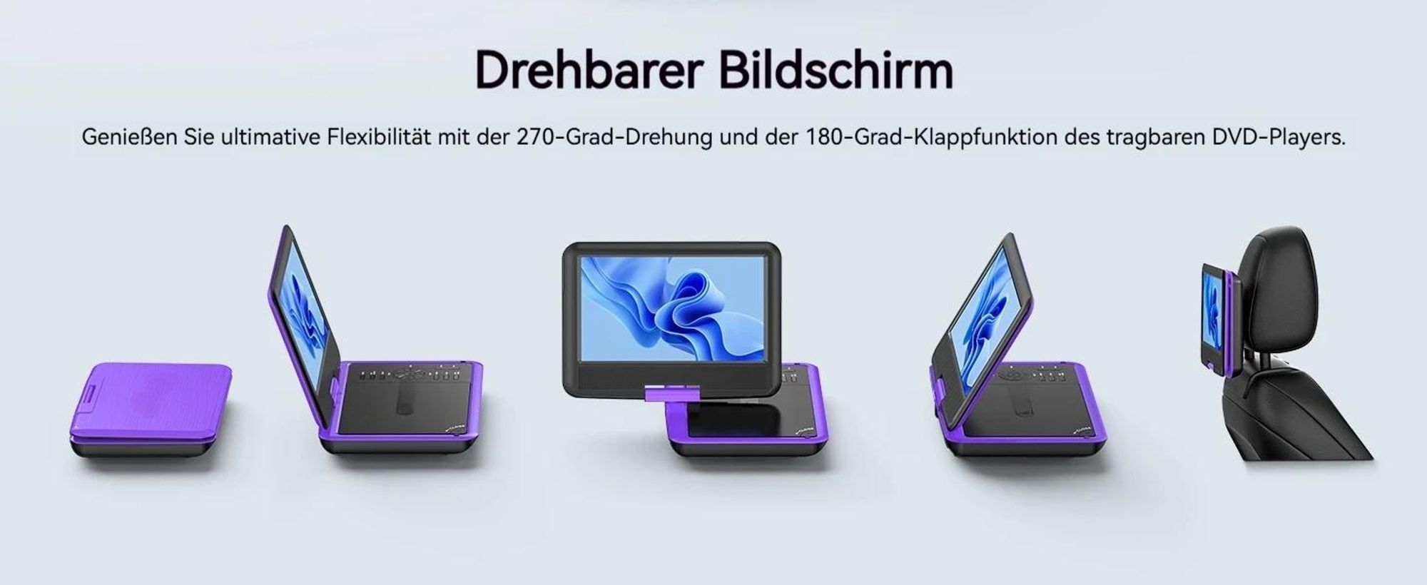11,5" Tragbarer DVD-Player für Kinder im Auto mit 9,5" HD-Schwenkbildschirm Augenschutz 5 Stunden Akkulaufzeit Mit Autoladegerät Regionfrei