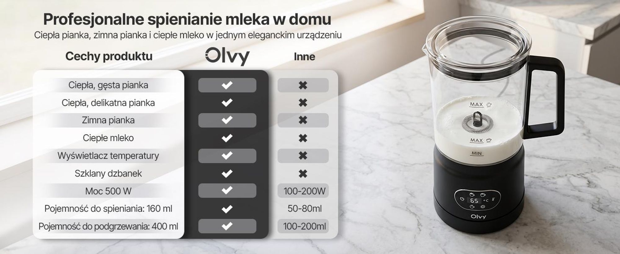 Olvy Electric Milk Frother ze Szkła 4 w 1, 500 W, Wyświetlacz Temperatury, Spienia 160 ml, Podgrzewa 400 ml, Ciepła i Zimna Pianka, Czarny