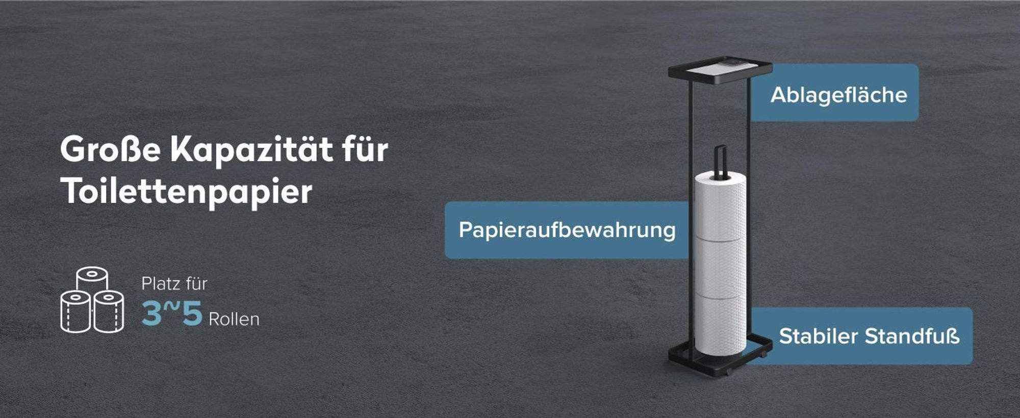 doporro Toilettenpapierhalter Stehend Klopapierhalter mit Oberem Ablagefach und Aufbewahrung für 4 Rollen Toilettenpapierständer Matt schwarz Reglo-04