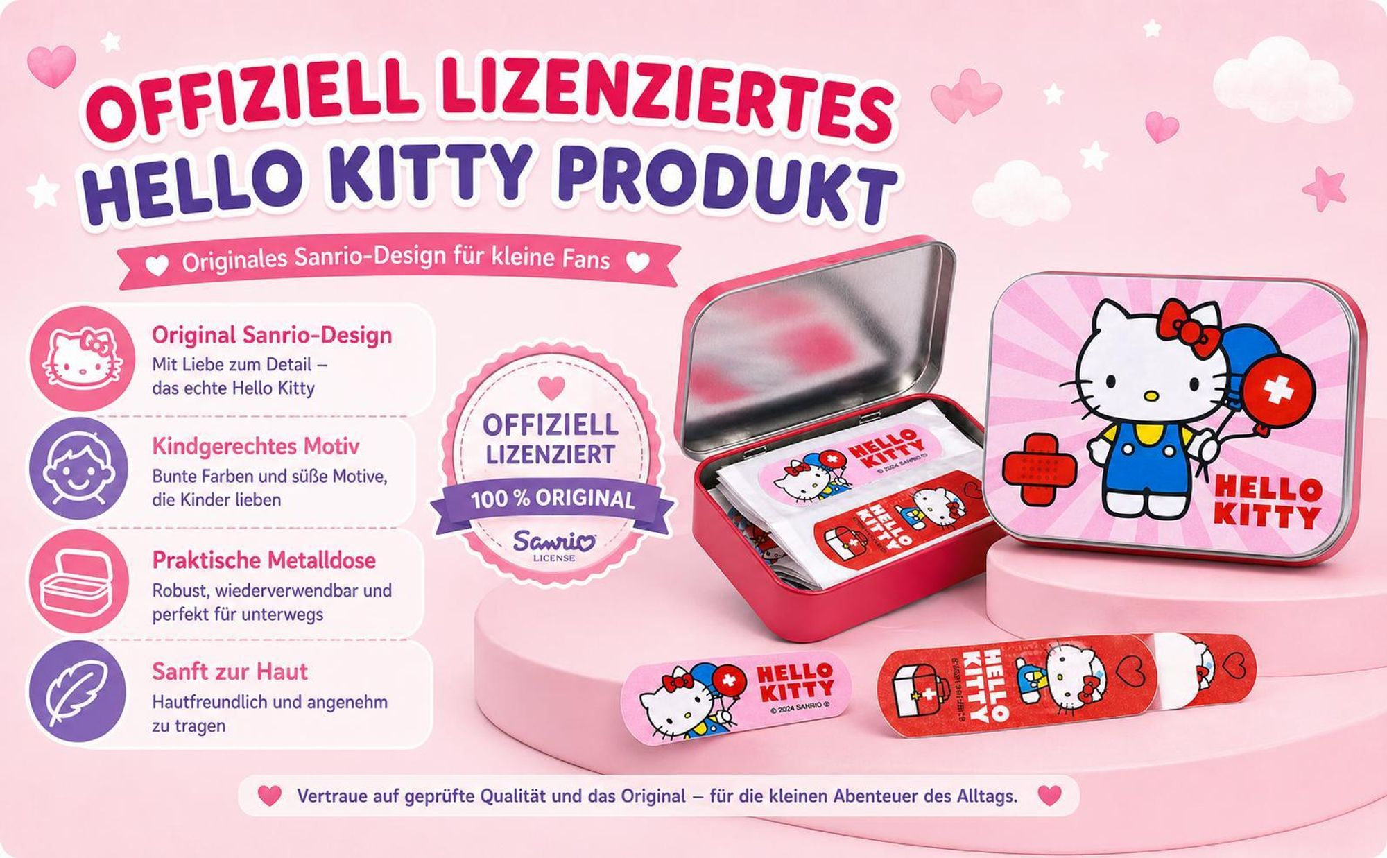 Hello Kitty Rosa Kinderpflaster Lizensiertes Produkt - Metall-Box - 24 Pflaster - Schönes Design Pflaster Aufbewahrungsbox für Kinder - 1 Box