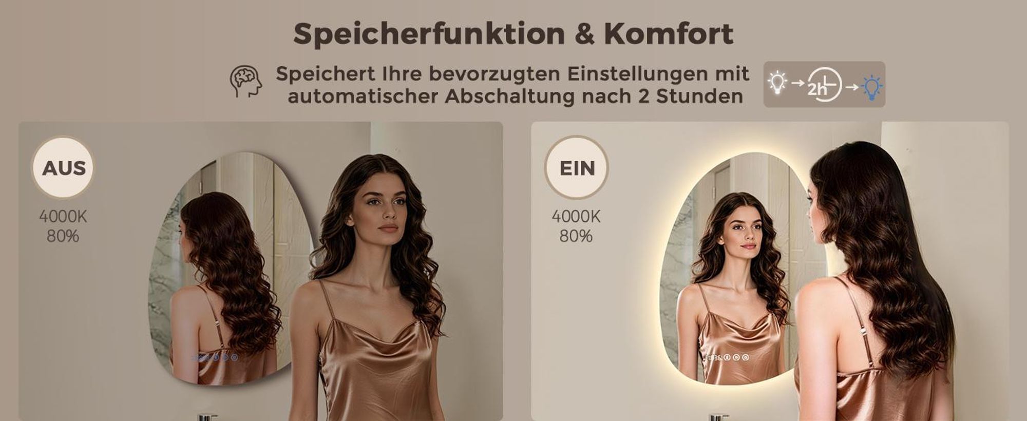 S'AFIELINA Badspiegel mit Beleuchtung Asymmetrisch 60 x 45 cm mit 3 Lichtfarben dimmbar, beschlagfrei, Bluetooth, Uhr, Temperatur, Speicherfunktion