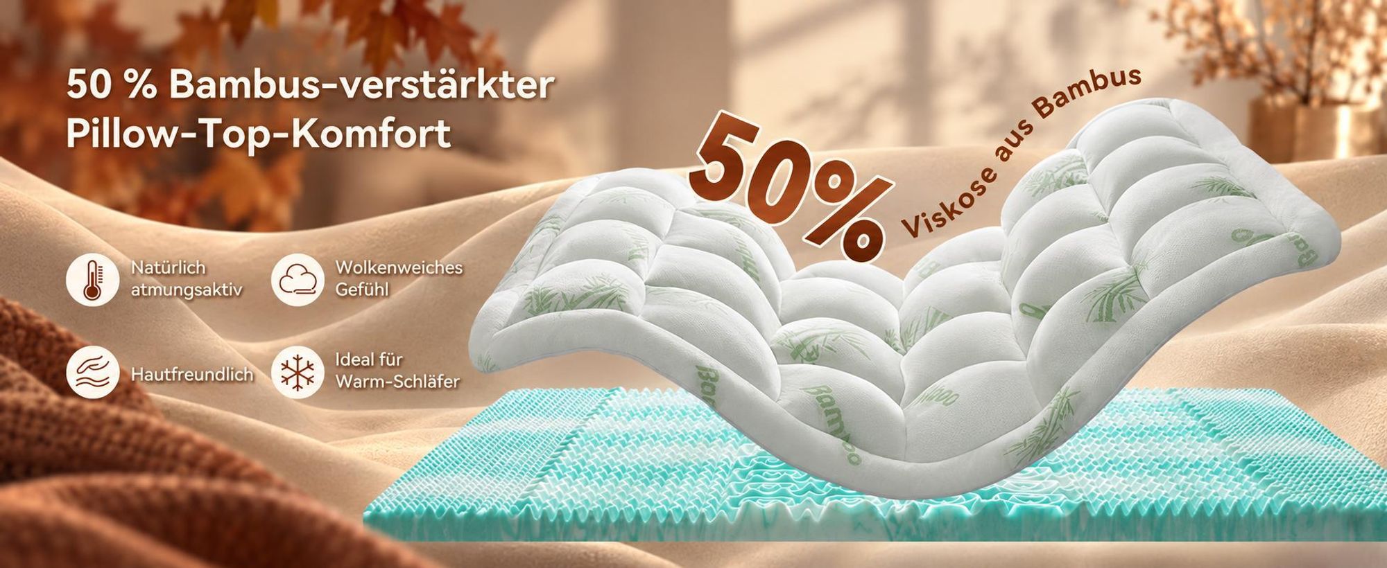 NicePlus 2-in-1 Topper, 180x200X10cm, 5-Zonen Memory Foam + Bambus-Pillow-Top, mit Eckgummis für alle Matratzen, H2/H3, Grün