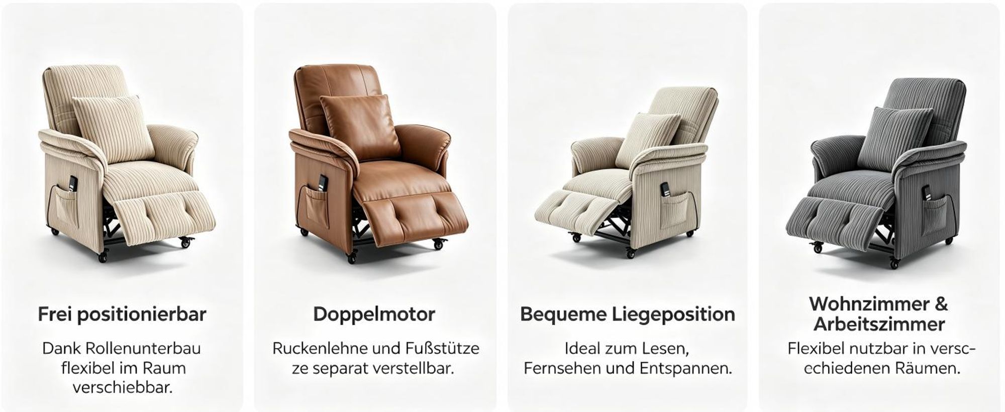 Elektrischer Relaxsessel mit 2-Motor, Liegesessel mit 360° Drehrollen,unabhängig verstellbare Rückenlehne & Fußstütze,