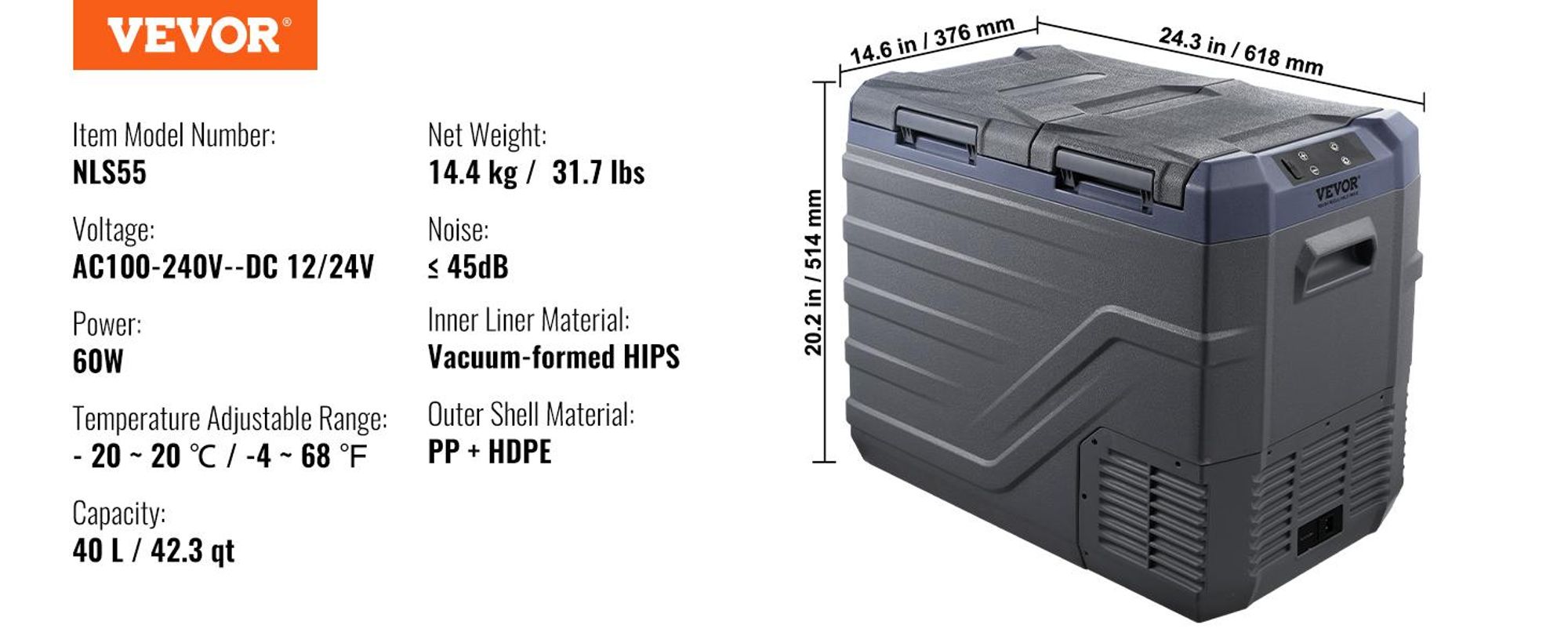 VEVOR Autokühlschrank, 12-Volt-Autokühlschrank, tragbarer 40-Liter-Gefrierschrank mit zwei Zonen, einstellbarer Bereich von -20 °C bis 20 °C, 12/24 V Gleichstrom und 100–240 V Wechselstrom, Kompressorkühler für den Außenbereich, Camping, Wohnmobil