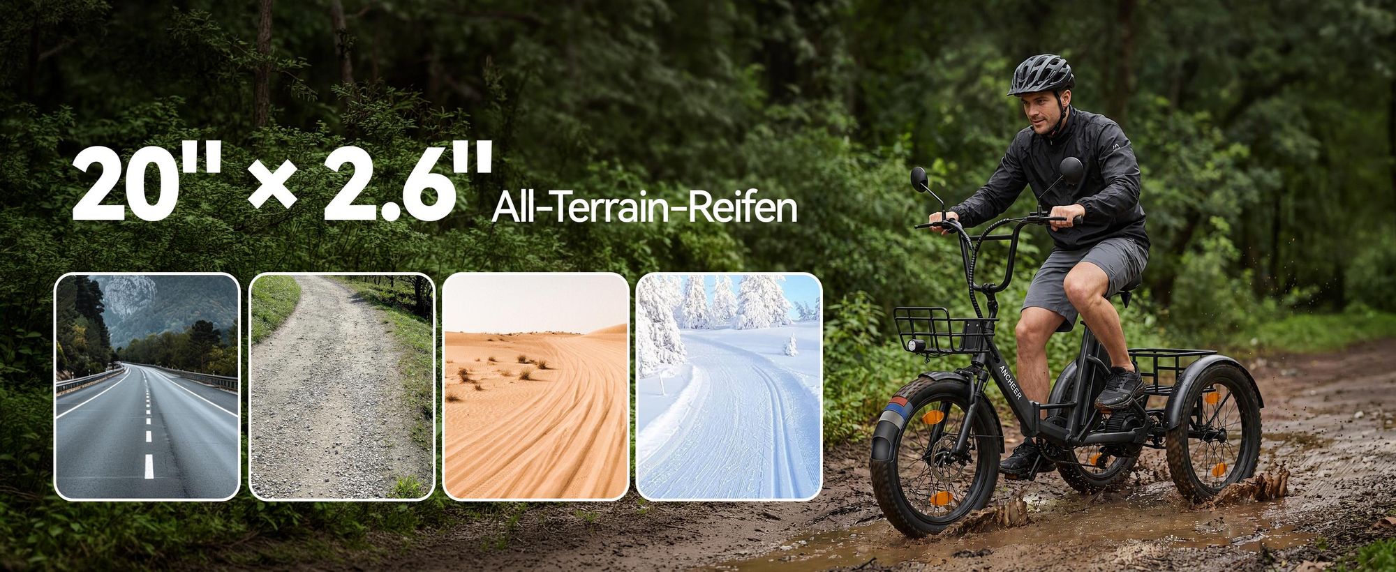 20" Fat Tire E-Bike Dreirad Klappbar, Elektro Lastenfahrrad Erwachsene, 36V 10.4Ah, 250W Motor, Differential, 286kg Zuladung, Doppelkorb, Schwarz