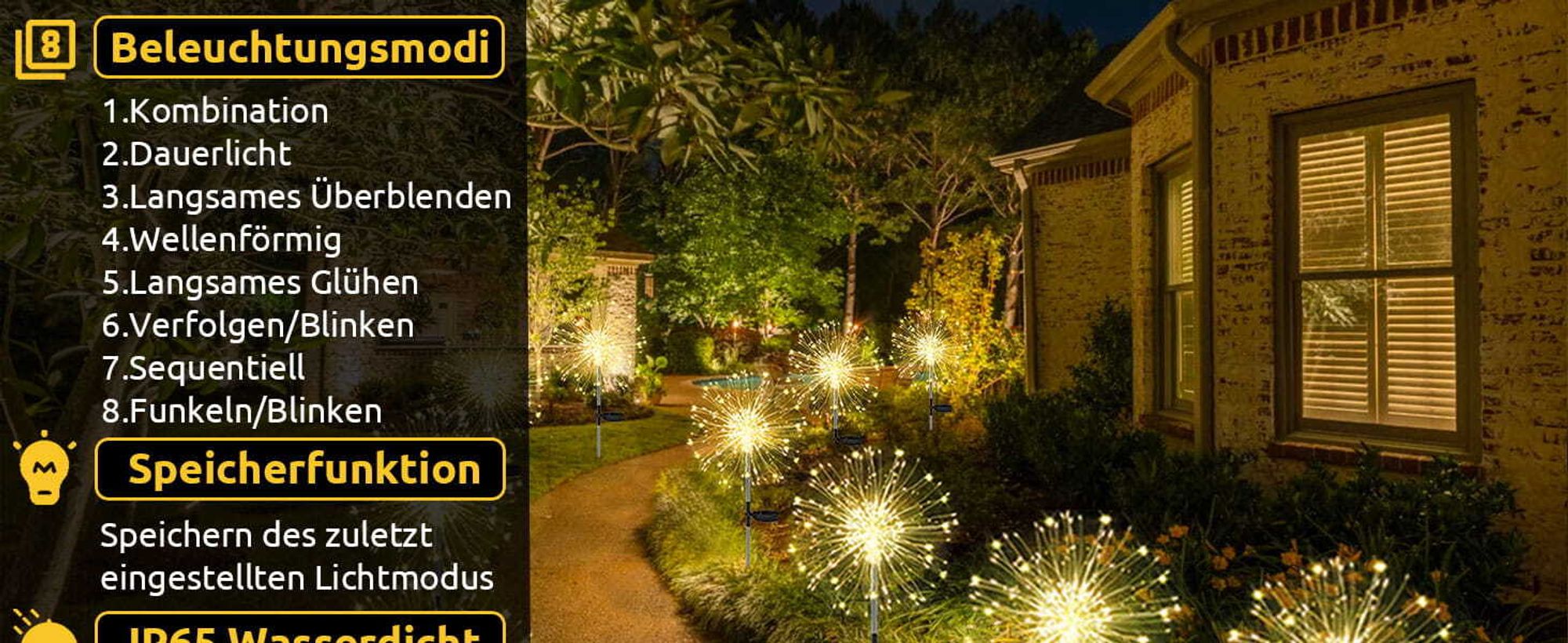 Solarleuchten für Außen Garten 2 Stück 120 LED Solar Pusteblume Gartenbeleuchtung, 8 Modi Solarlampen Gartenstecker Winterfest Solarlicht Feuerwerk