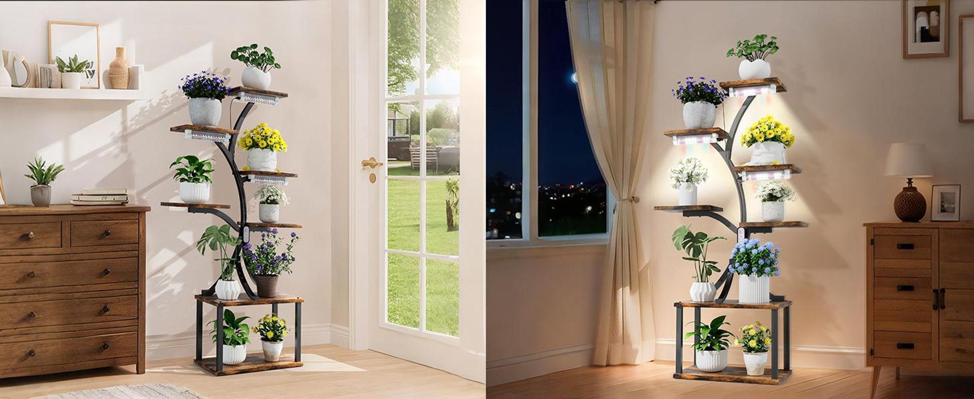 WISFOR Metall Blumenregal Pflanzenregal mit Wachstumslicht, 7 Ebenen Blumenständer Pflanzenständer, Mehrstöckig, für Zimmerecke, Wohnzimmer, Balkon